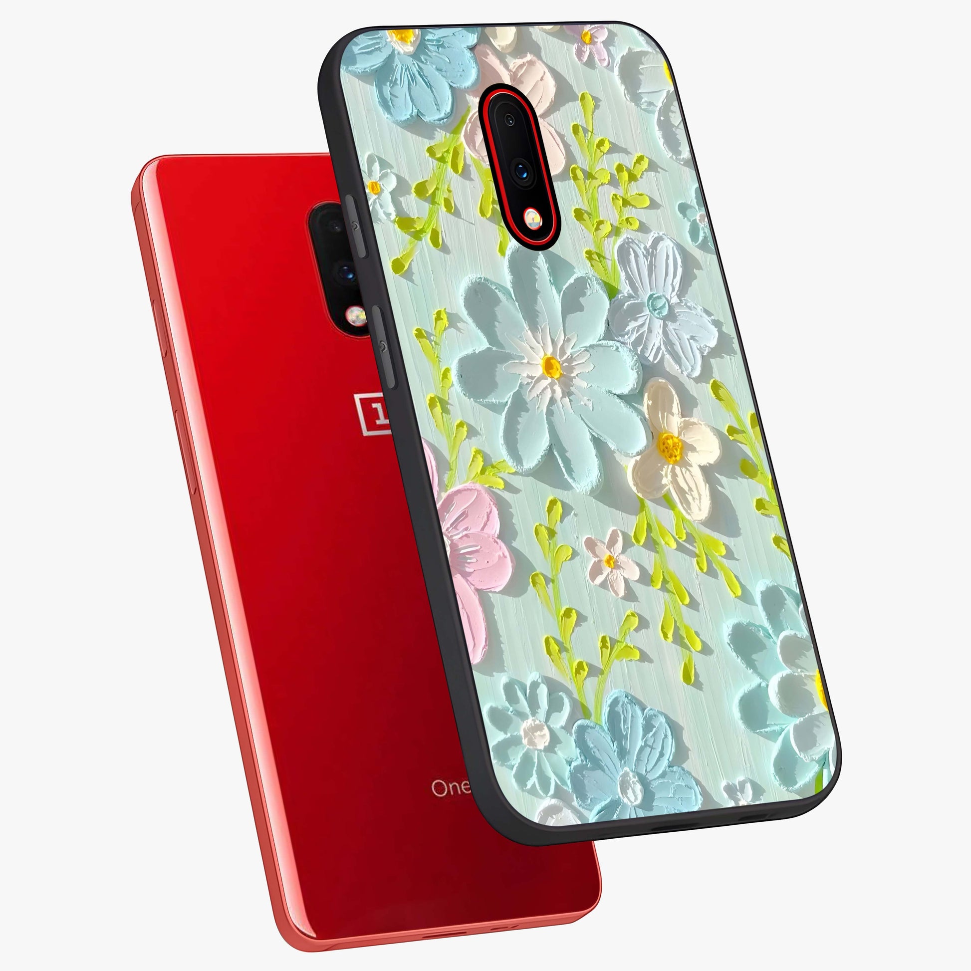 Frosted Petal Garden Glass Case displayed in angled mockup highlighting delicate flower petal design with calm garden aesthetic.