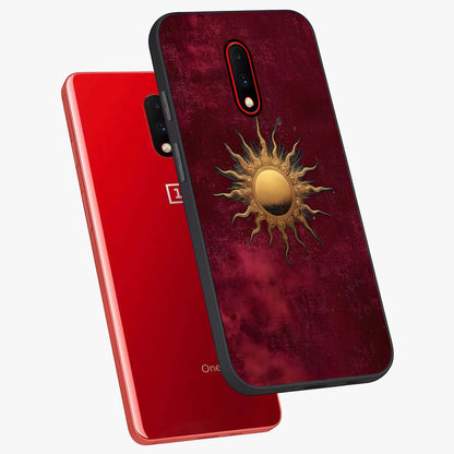 Golden Sun Minimalism Glass Case displayed in angled mockup highlighting clean sun symbol design with modern minimal aesthetic.