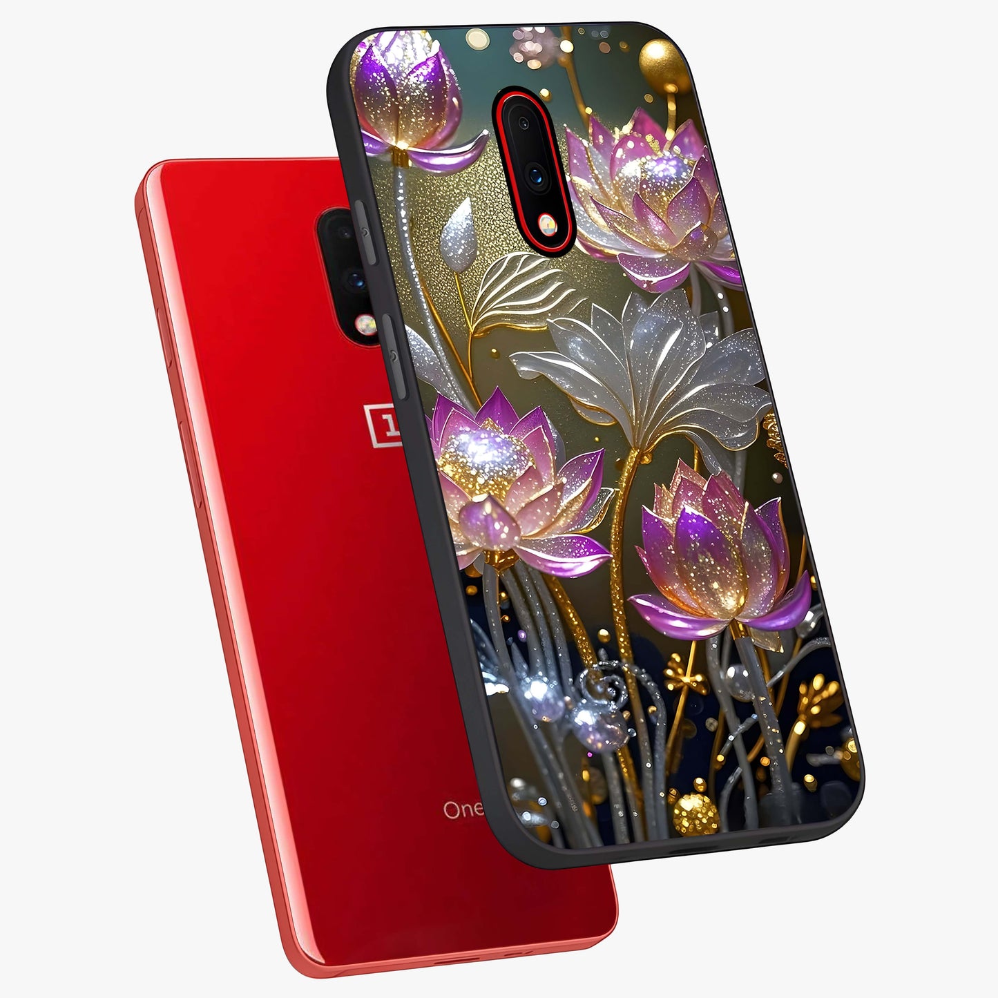 Golden Floral Majesty Glass Case displayed in angled mockup highlighting elegant flower design with royal golden aesthetic.