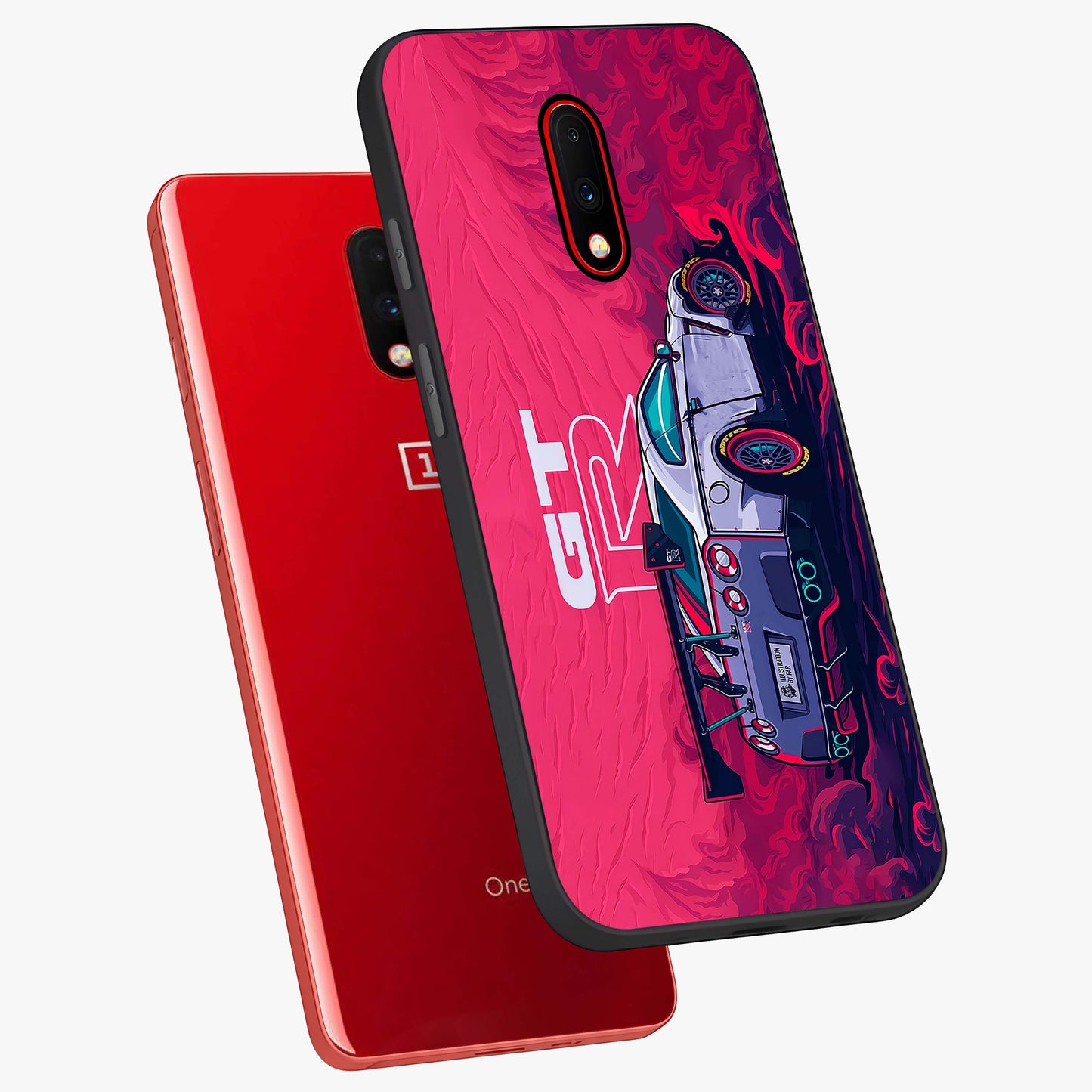 GT-R Car Pattern Glass Case displayed in angled mockup highlighting racing car graphic design with bold automotive aesthetic.