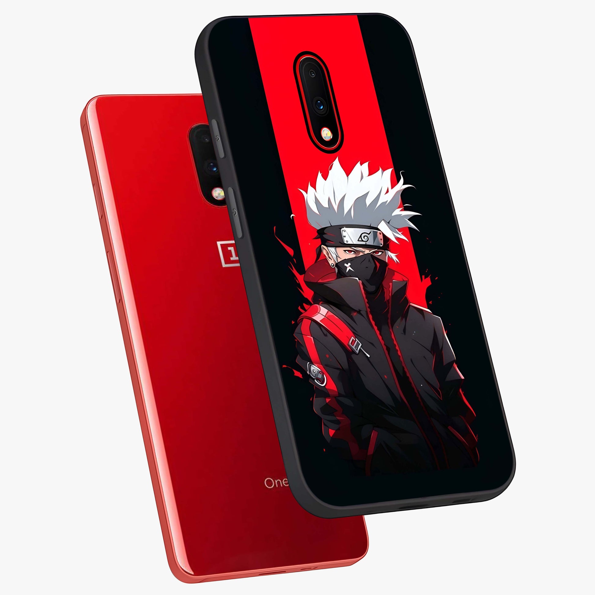 Kakashi Scarlet Shadow Glass Case displayed in angled mockup highlighting dramatic ninja illustration with scarlet themed aesthetic.