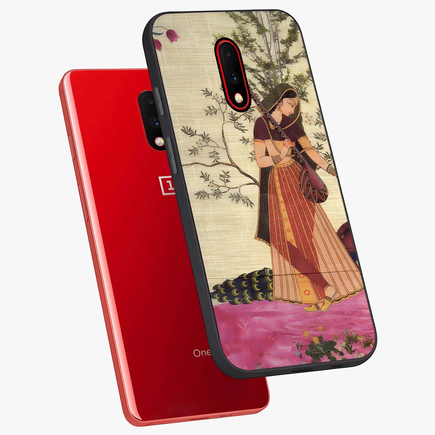 Lady With Veena Art Glass Case displayed in angled mockup highlighting graceful musical illustration with cultural artistic aesthetic.