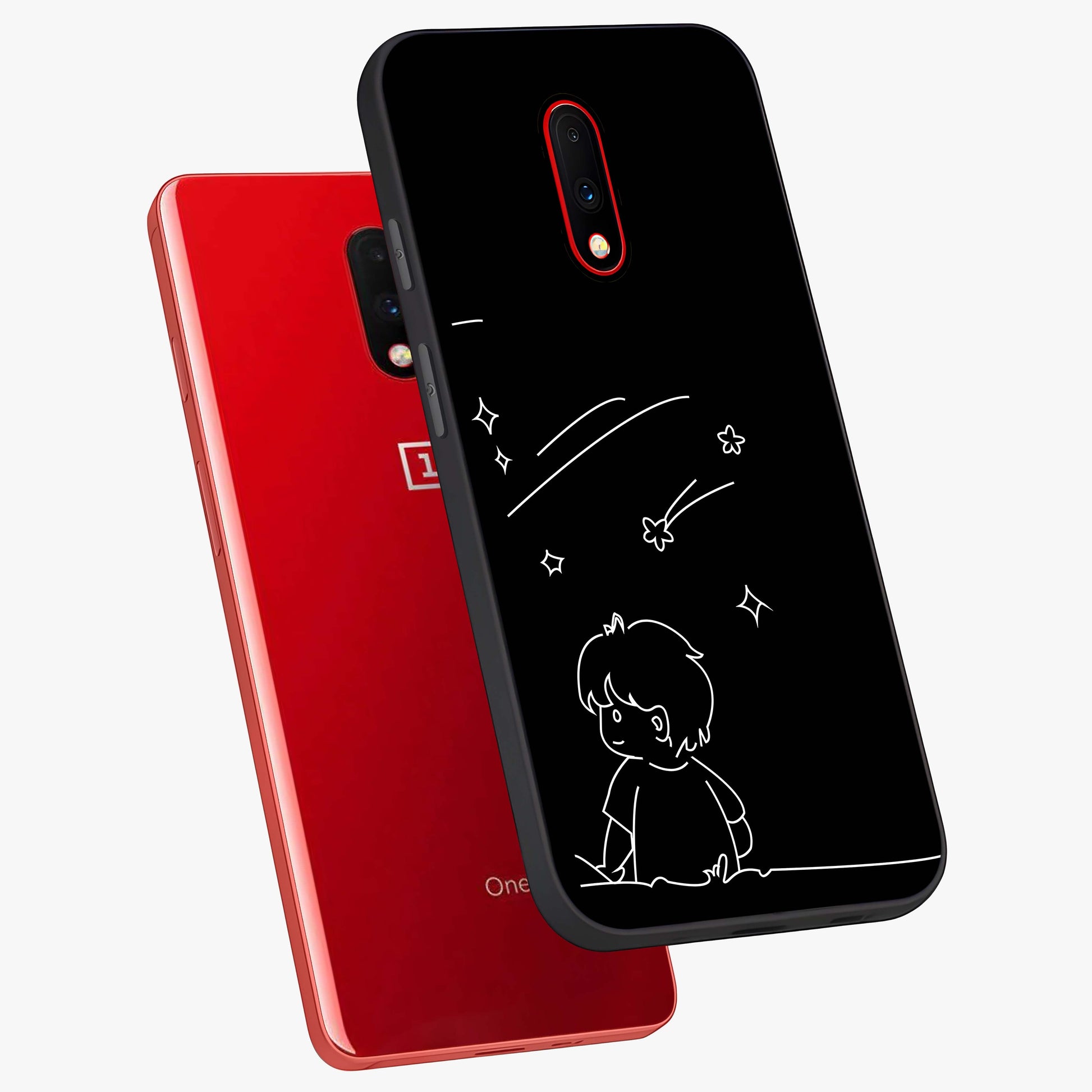 Line Art Boy With Shooting Stars Glass Case displayed in angled mockup highlighting elegant line art design with dreamy star aesthetic.