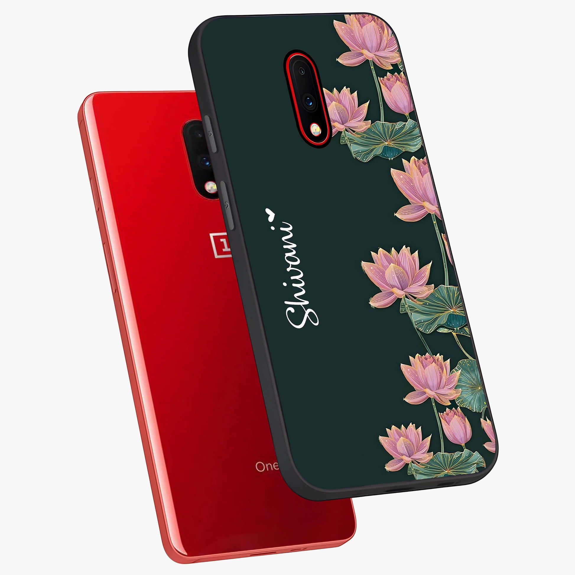 Lotus Bloom Serenity Custom Name Glass Case displayed in angled mockup highlighting graceful lotus illustration with custom name feature.