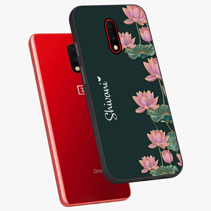 Lotus Bloom Serenity Custom Name Glass Case displayed in angled mockup highlighting graceful lotus illustration with custom name feature.