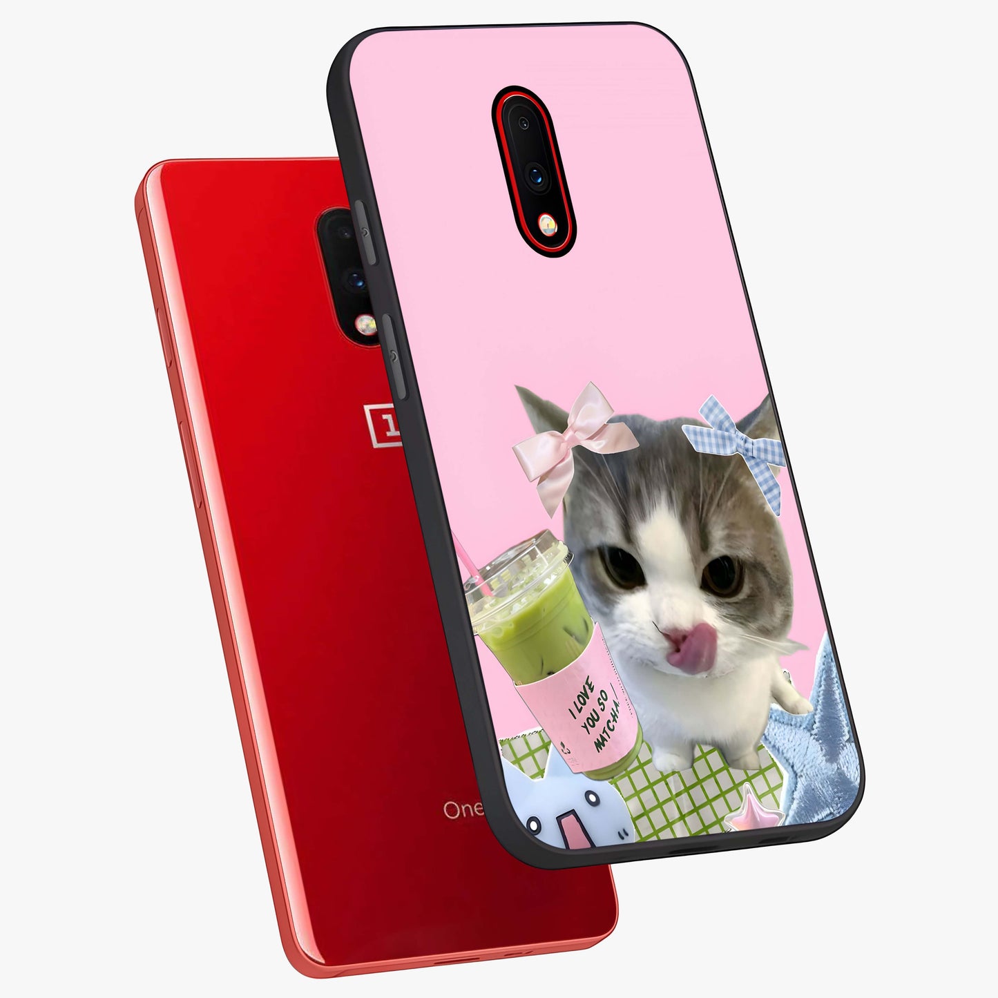 Love Matcha Cat Glass Case displayed in angled mockup highlighting playful feline illustration with cozy matcha aesthetic.