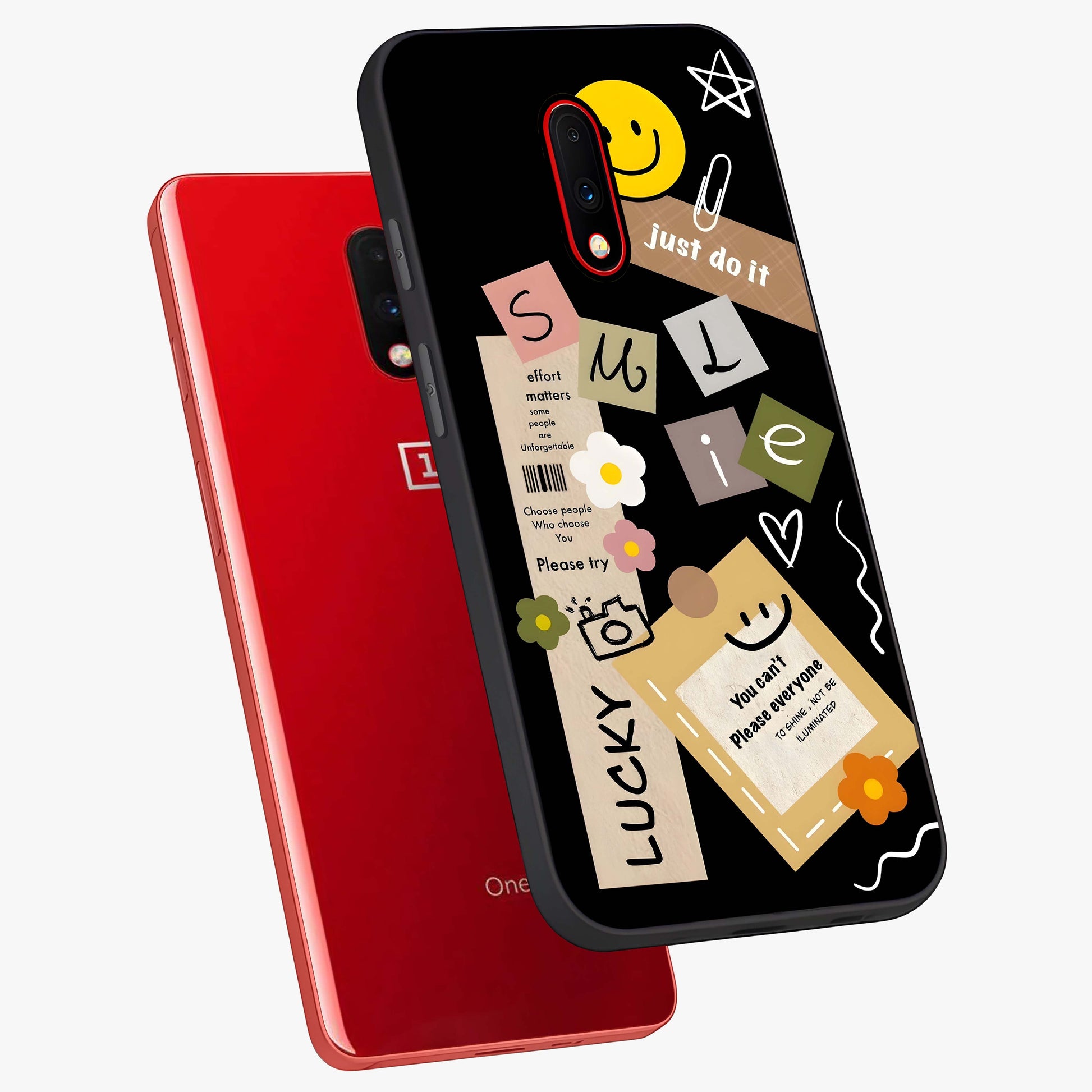 Lucky Aesthetic Collage Glass Case displayed in angled mockup highlighting stylish collage pattern with modern aesthetic vibe.