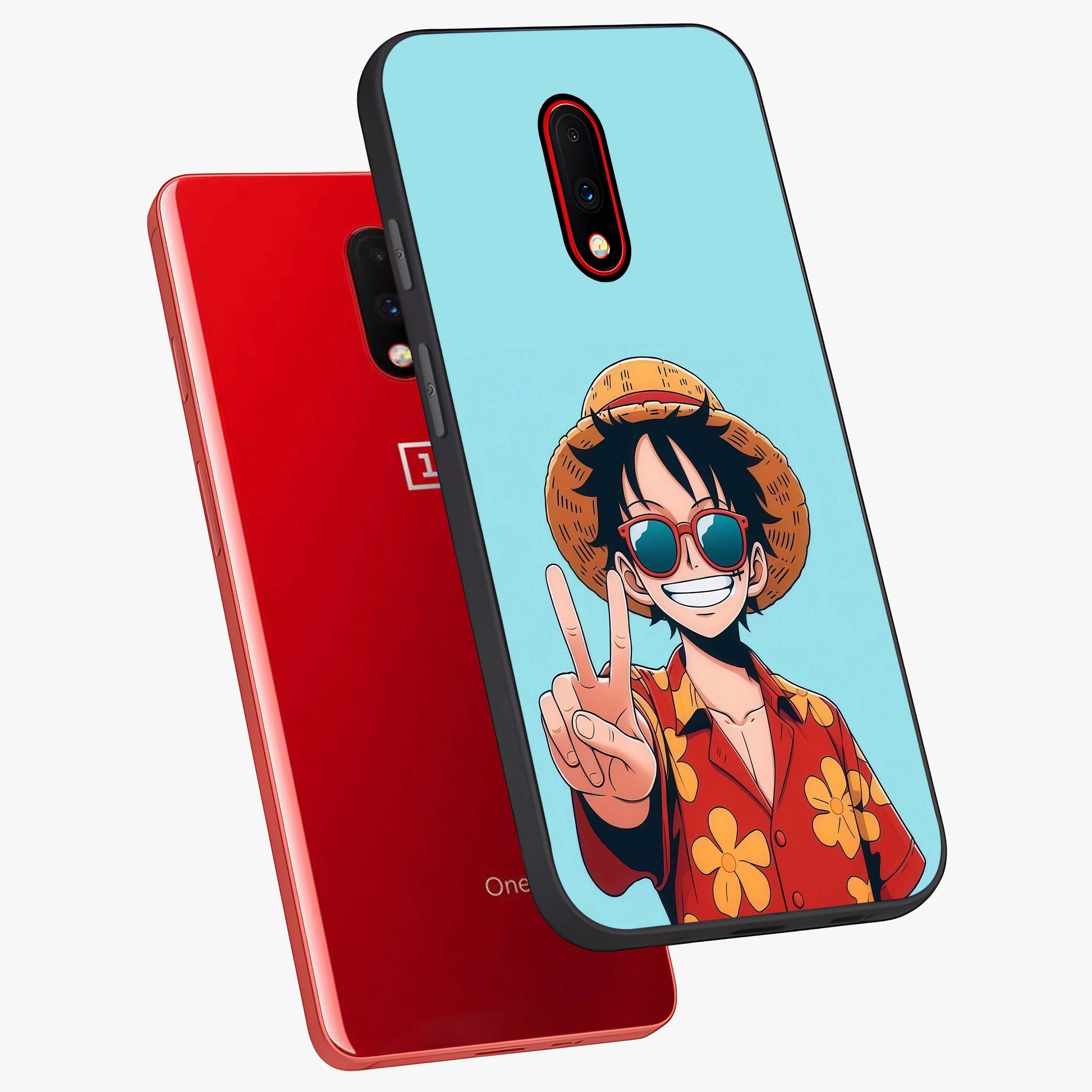 Luffy Summer Anime Vibe Glass Case displayed in angled mockup highlighting energetic anime illustration with summer vibe aesthetic.