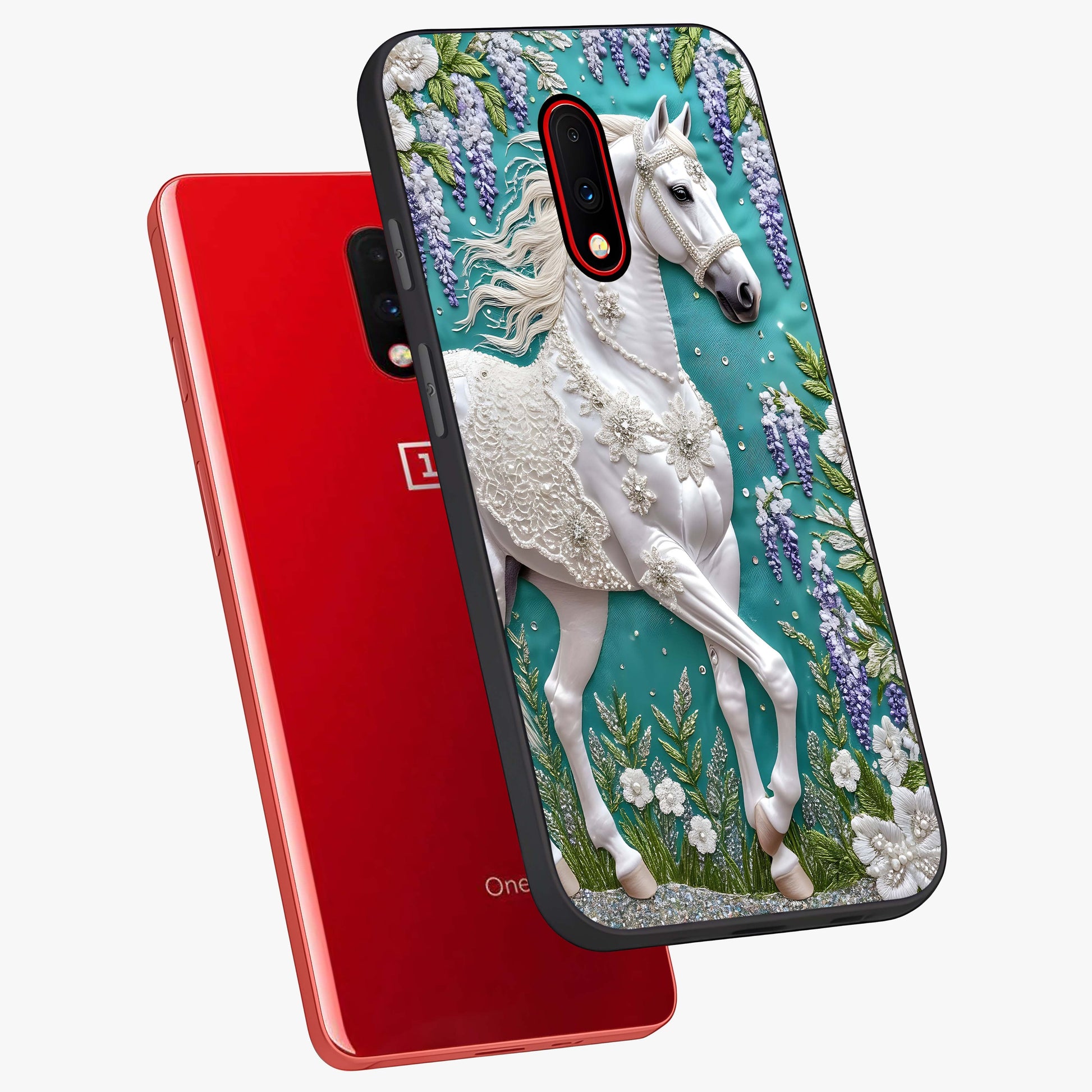 Majestic Floral Stallion Glass Case displayed in angled mockup highlighting majestic stallion illustration with elegant floral aesthetic.