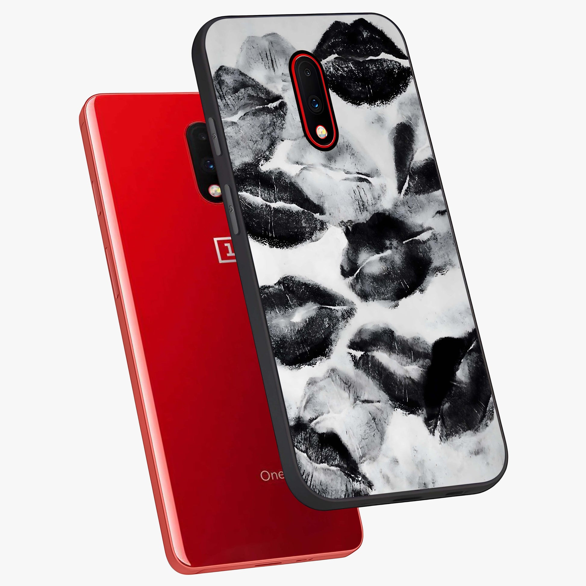 Midnight Kiss Marks Glass Case displayed in angled mockup highlighting playful romantic design with bold midnight aesthetic.