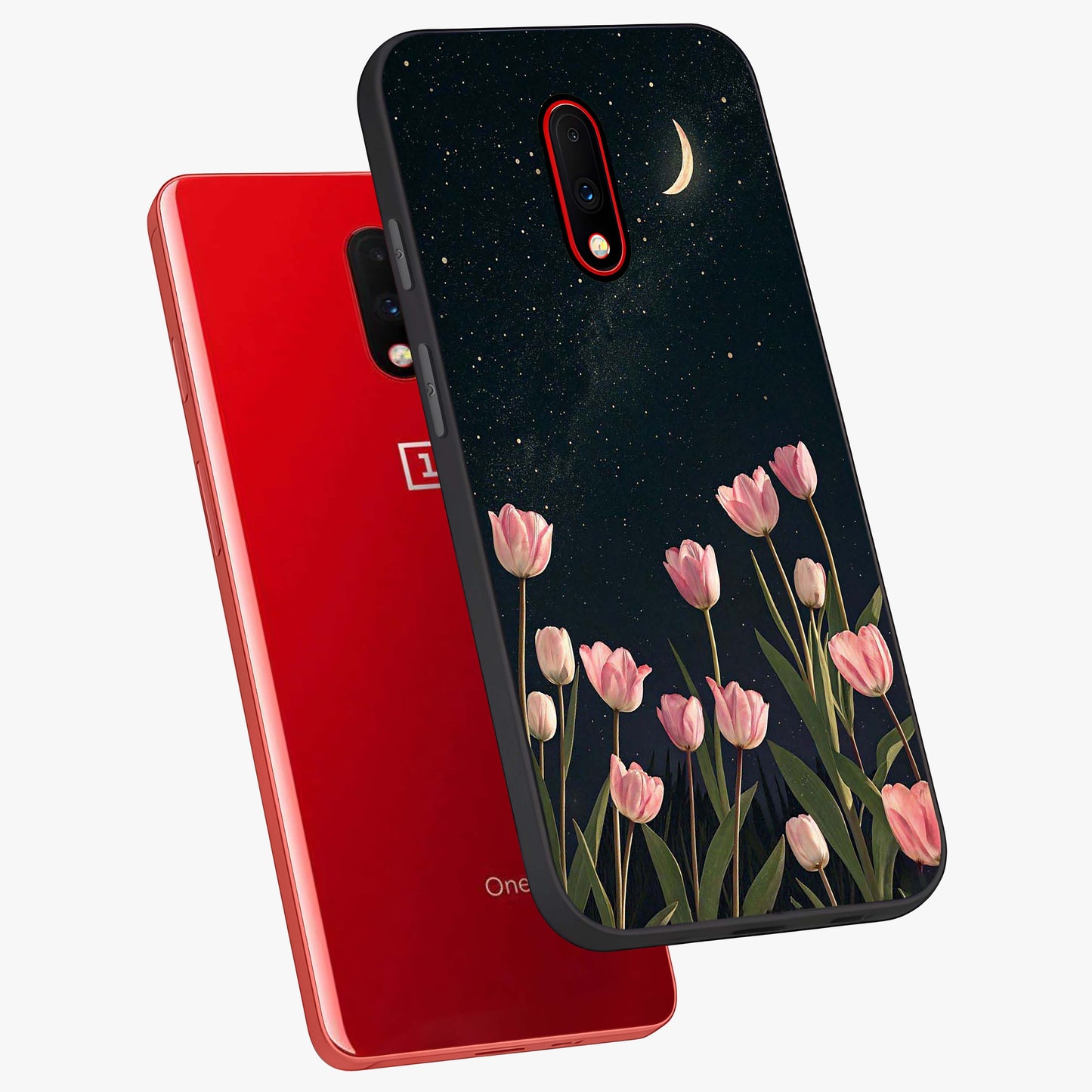 Midnight Tulip Whispers Vibe Glass Case displayed in angled mockup highlighting delicate tulip design with midnight floral aesthetic.