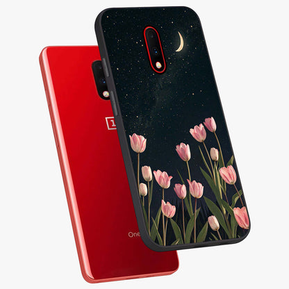 Midnight Tulip Whispers Vibe Glass Case displayed in angled mockup highlighting delicate tulip design with midnight floral aesthetic.