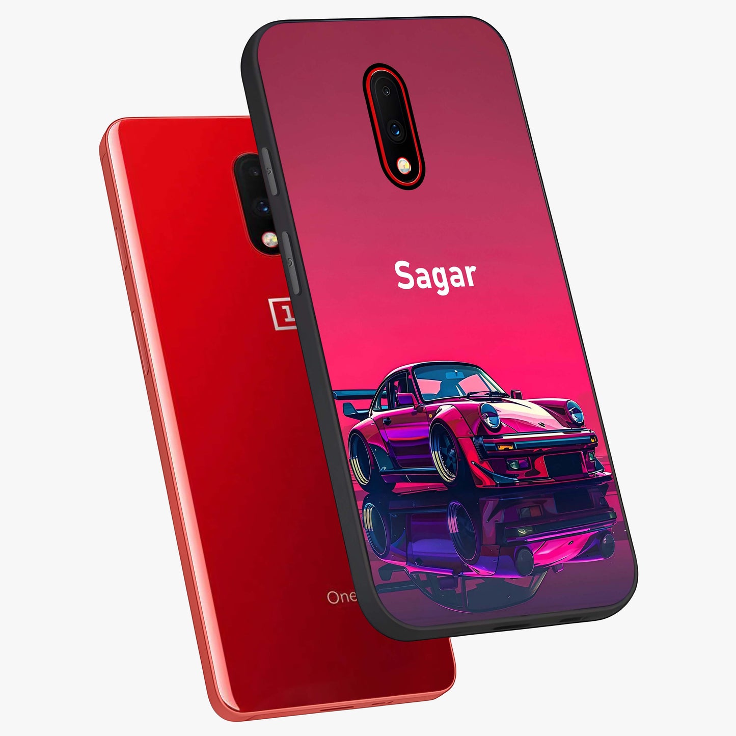 Neon Pink Porsche Glass Case displayed in angled mockup highlighting sleek neon pink car design with racing aesthetic.