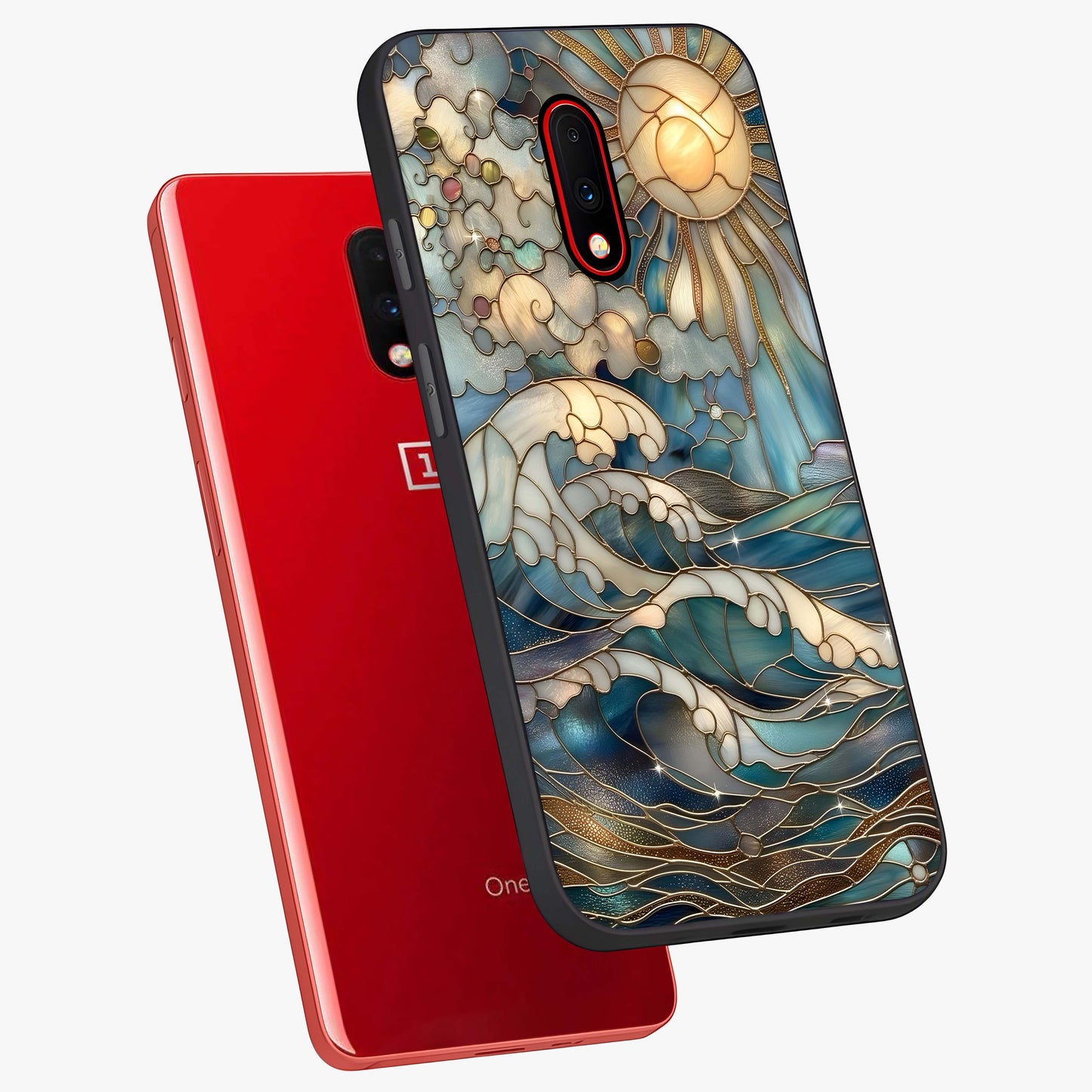Oceanic Stained Printed Glass Case displayed in angled mockup highlighting colorful aquatic design with artistic aesthetic style.