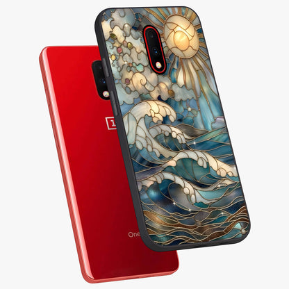 Oceanic Stained Printed Glass Case displayed in angled mockup highlighting colorful aquatic design with artistic aesthetic style.