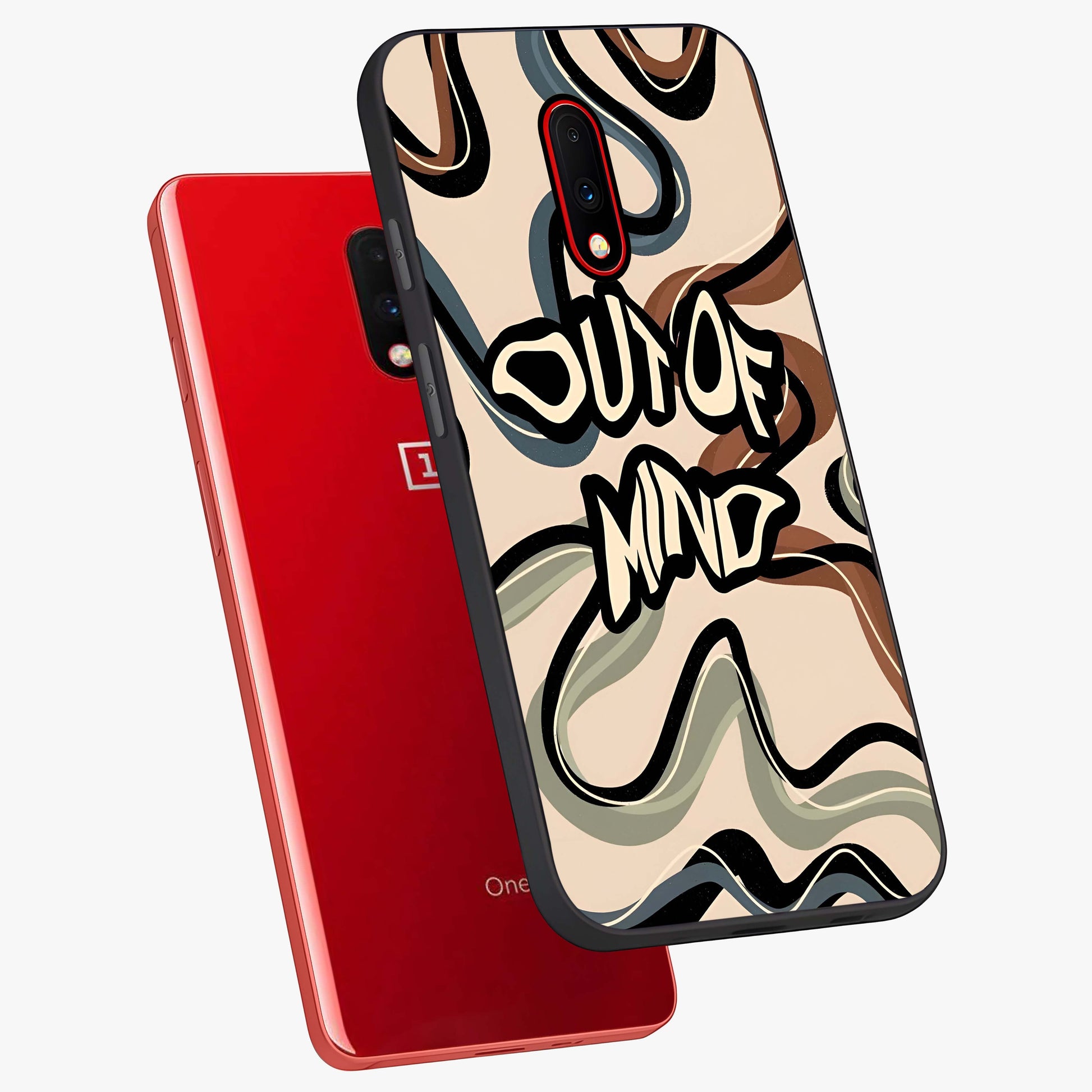 Out Of Mind Glass Case displayed in angled mockup highlighting bold statement design with modern artistic aesthetic.