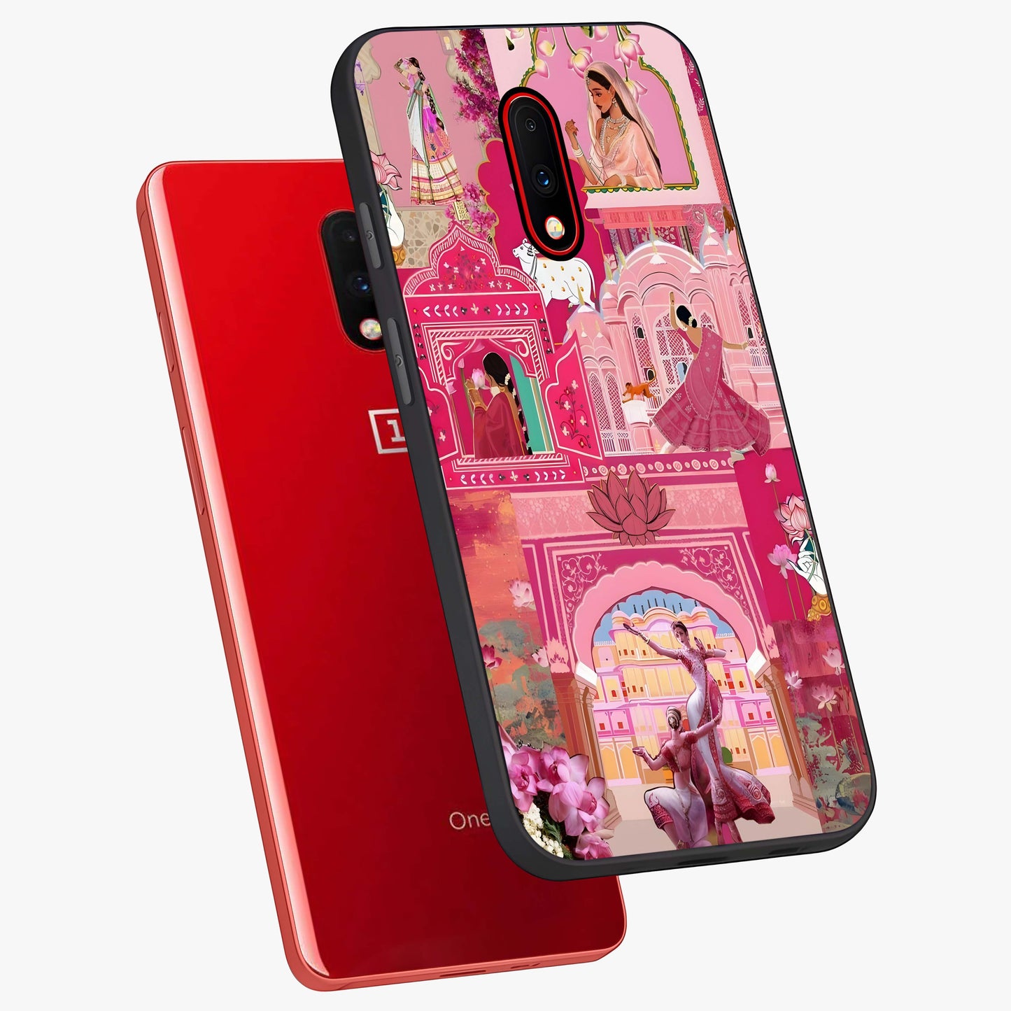 Pink Palace Muse Glass Case displayed in angled mockup highlighting dreamy palace illustration with soft pink aesthetic.