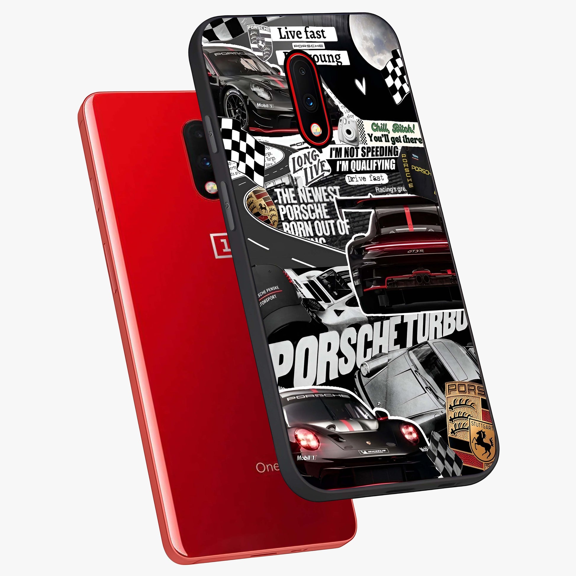 Porsche Racing Collage Glass Case displayed in angled mockup highlighting dynamic automotive design with bold racing aesthetic.