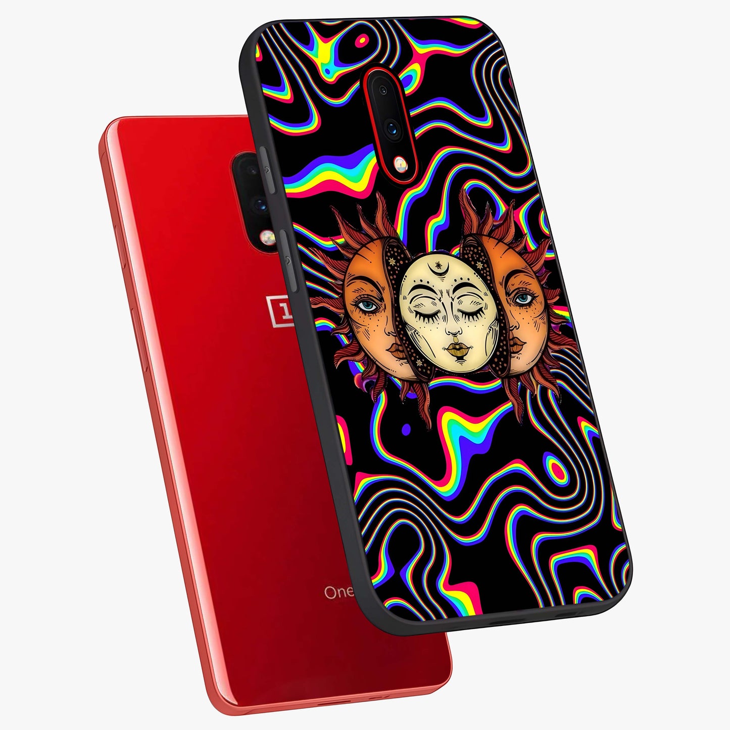 Psychedelic Sun Glass Case displayed in angled mockup highlighting vibrant abstract sun design with artistic aesthetic style.