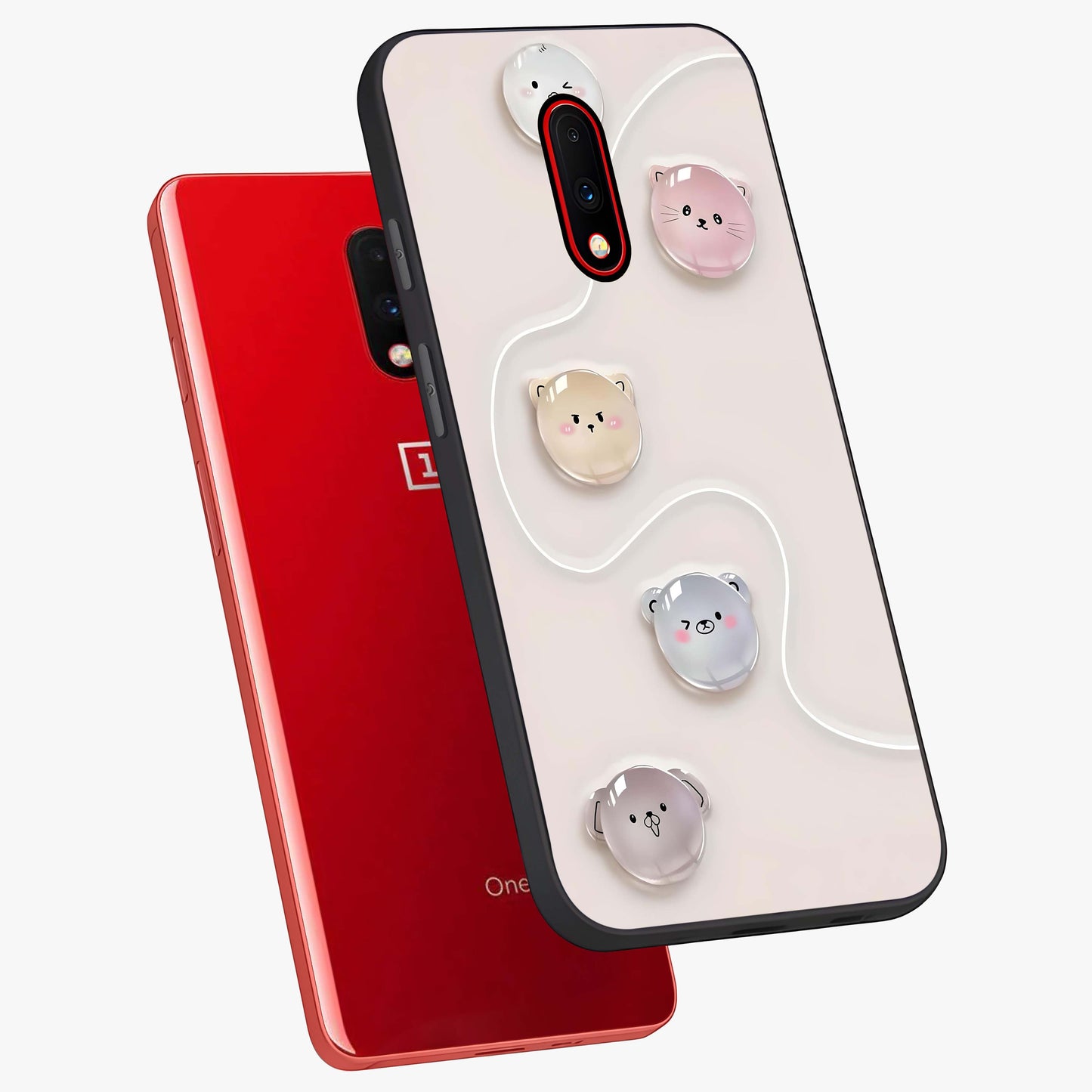 Puffy Face Parade Glass Case displayed in angled mockup highlighting playful cartoon face design with fun aesthetic.