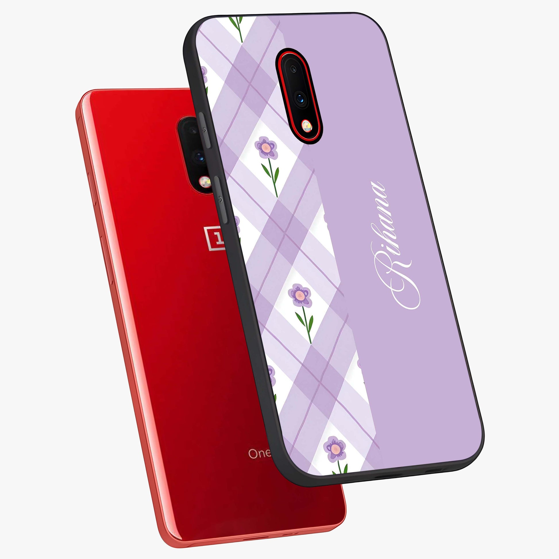 Purple Diamond Floral Glass Case displayed in angled mockup highlighting elegant purple flower design with decorative pattern.