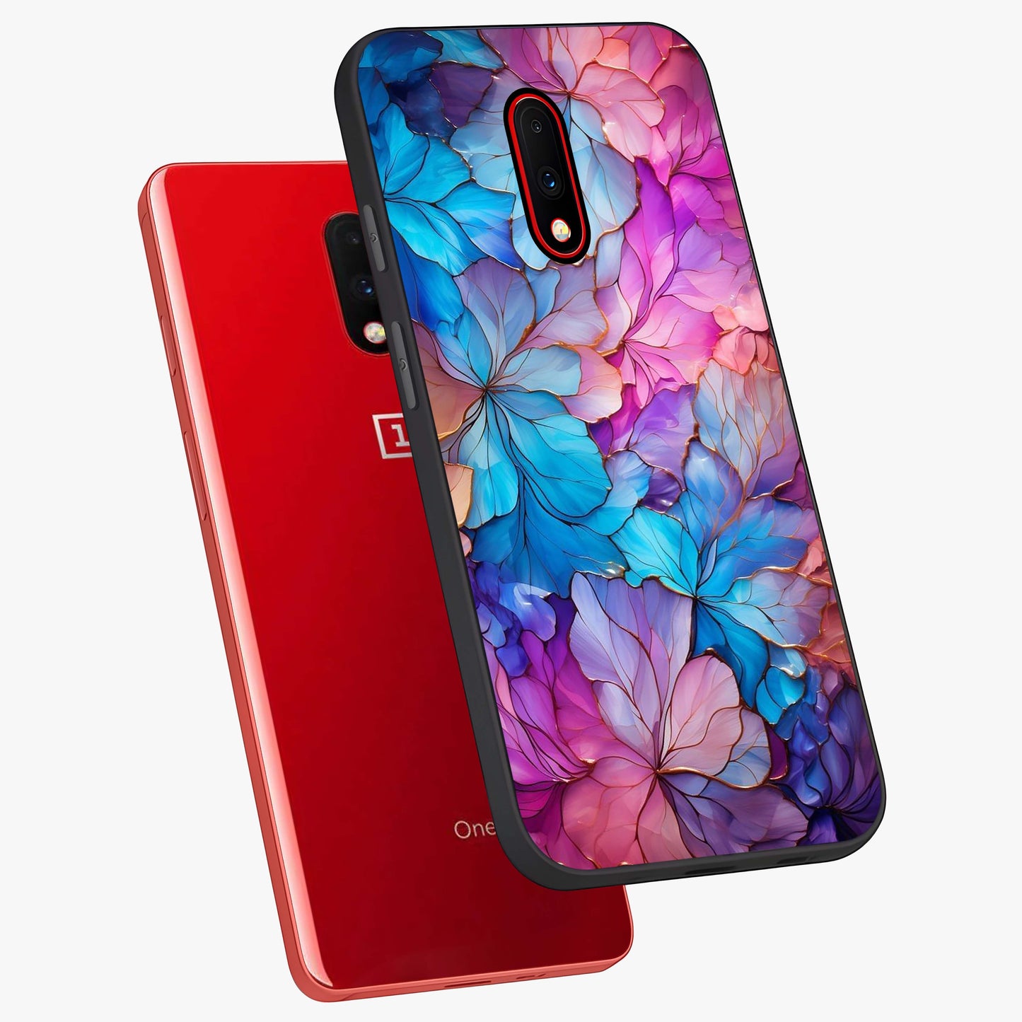 Radiant Floral Whirl Glass Case displayed in angled mockup highlighting vibrant flower pattern with dynamic artistic aesthetic.