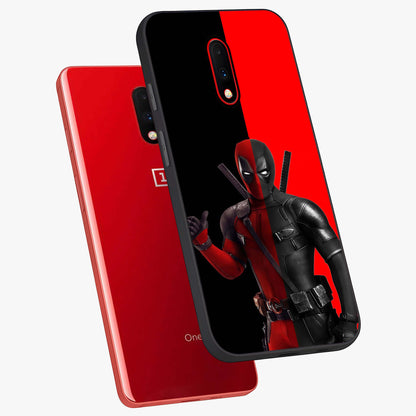 Red & Black Deadpool Theme Glass Case displayed in angled mockup highlighting vibrant superhero style illustration with action aesthetic.