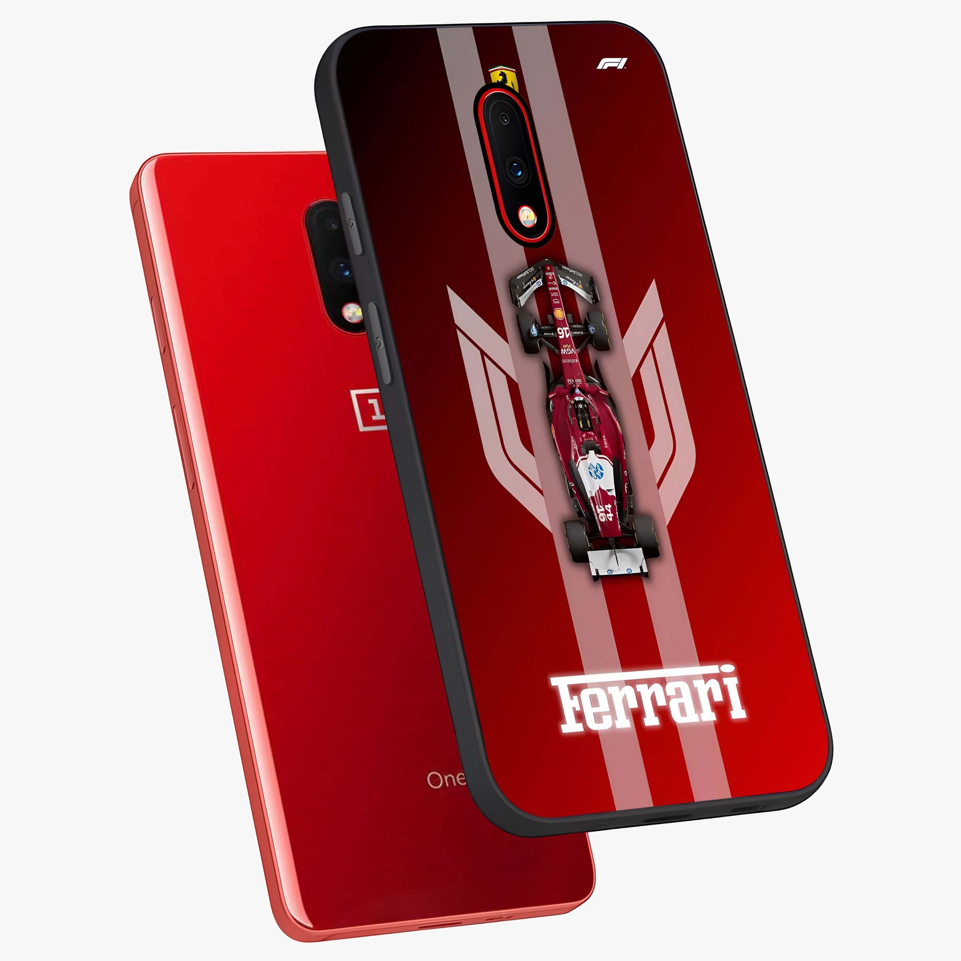 Red Ferrari F1 Vertical Glass Case displayed in angled mockup highlighting high speed racing design with bold automotive aesthetic.