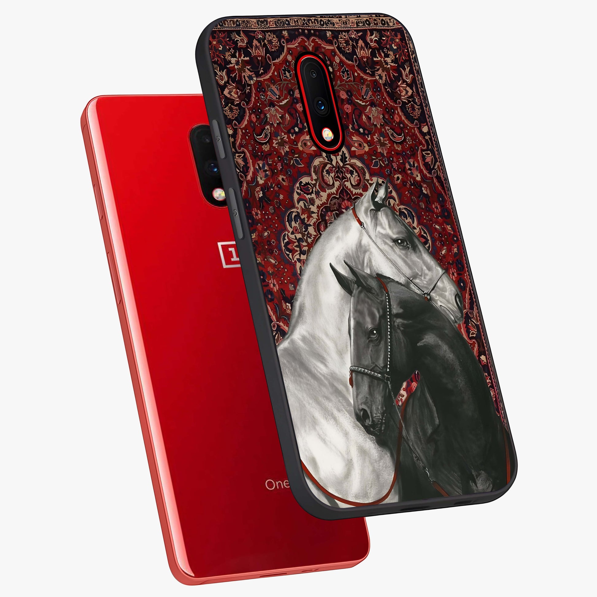 Regal Stallion Tapestry Glass Case displayed in angled mockup highlighting royal stallion design with decorative heritage aesthetic.