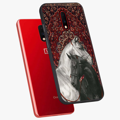 Regal Stallion Tapestry Glass Case displayed in angled mockup highlighting royal stallion design with decorative heritage aesthetic.