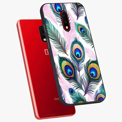 Royal Peacock Feathers Glass Case displayed in angled mockup highlighting vibrant feather pattern with regal aesthetic style.