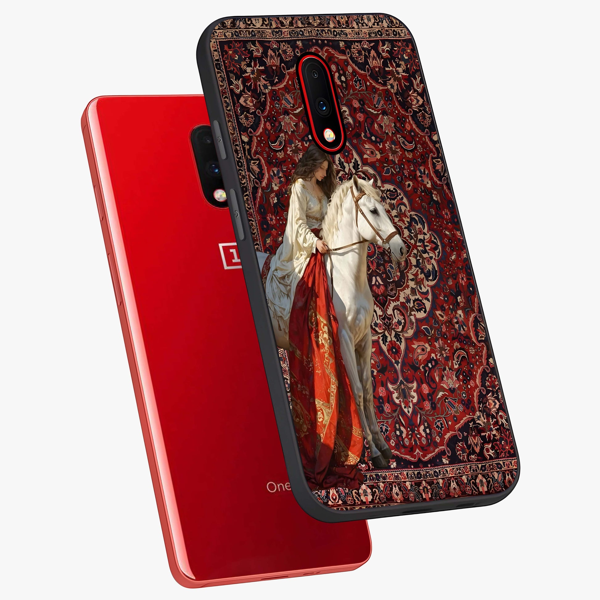 Royal Rider Tapestry Glass Case displayed in angled mockup highlighting traditional tapestry design with royal heritage aesthetic.