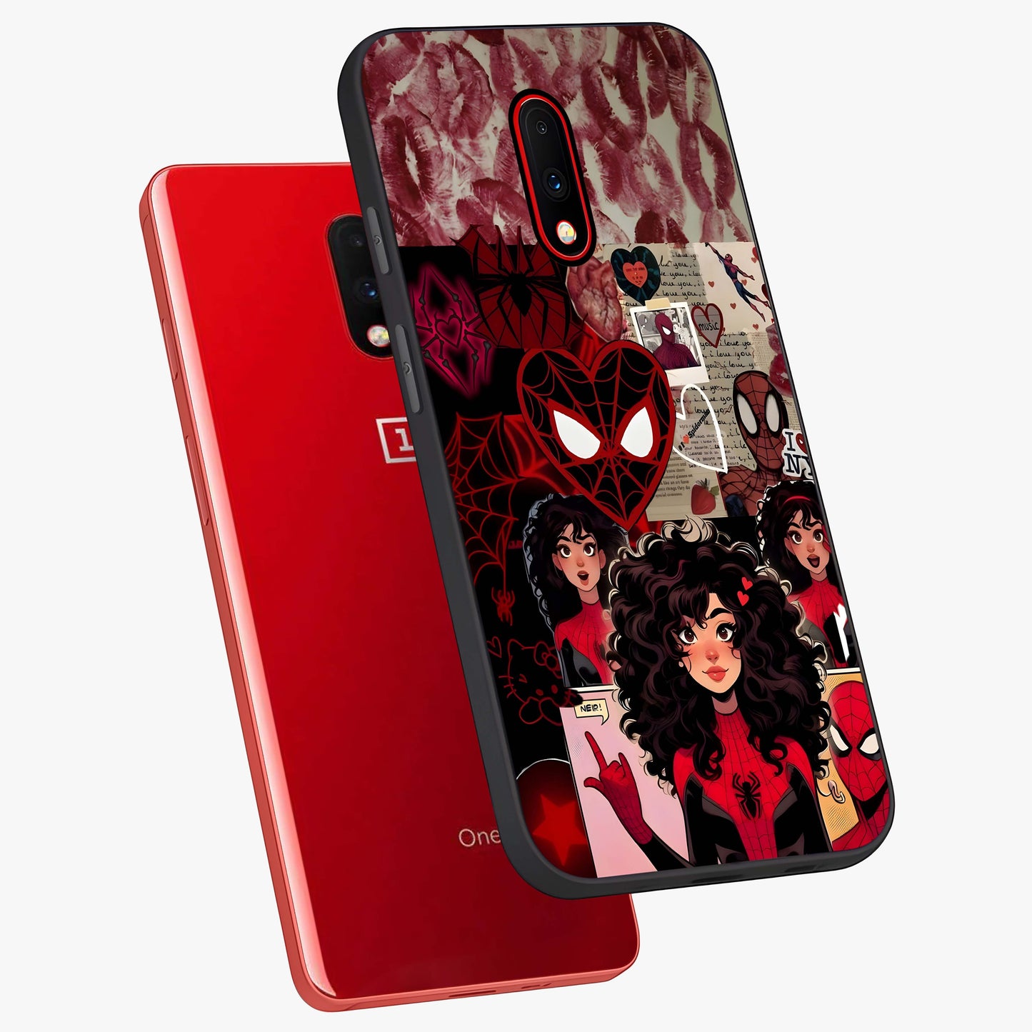 Spider Love Story Glass Case displayed in angled mockup highlighting expressive comic inspired design with playful aesthetic.