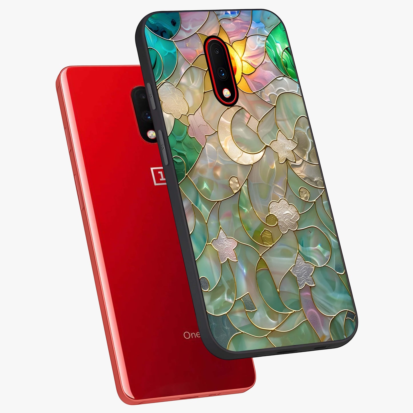 Stained Sunrise Glow Glass Case displayed in angled mockup highlighting radiant sunrise design with artistic aesthetic style.