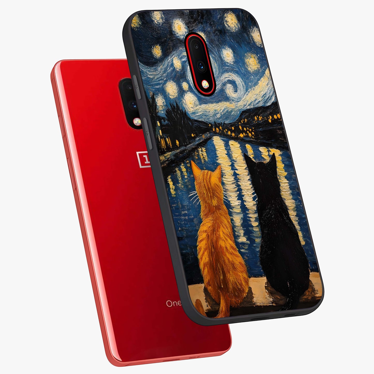 Starry River Cats Glass Case displayed in angled mockup highlighting charming feline illustration with dreamy night aesthetic.