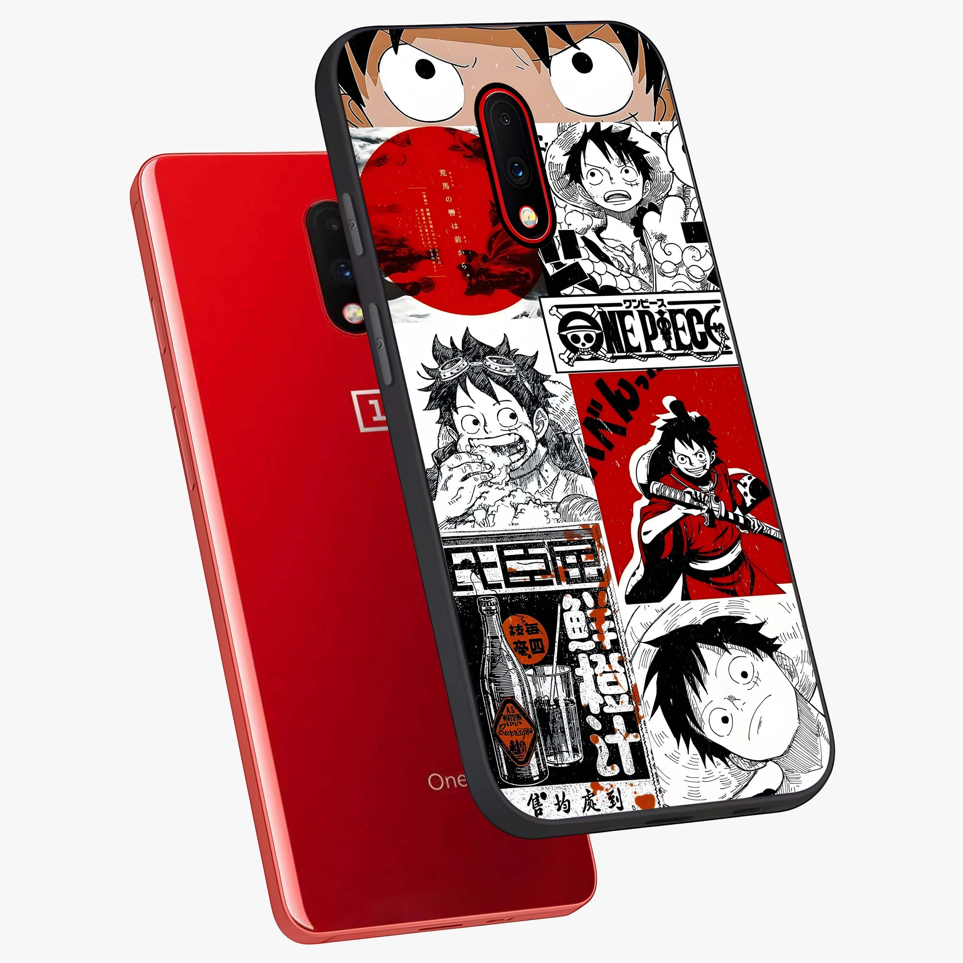 Strawhat Chaos Panels Glass Case displayed in angled mockup highlighting vibrant anime collage design with action aesthetic.