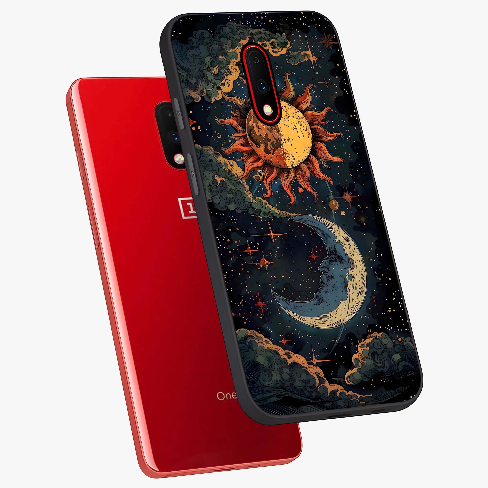 Sun And Moon Magic Design Glass Case displayed in angled mockup highlighting celestial design with magical cosmic aesthetic.