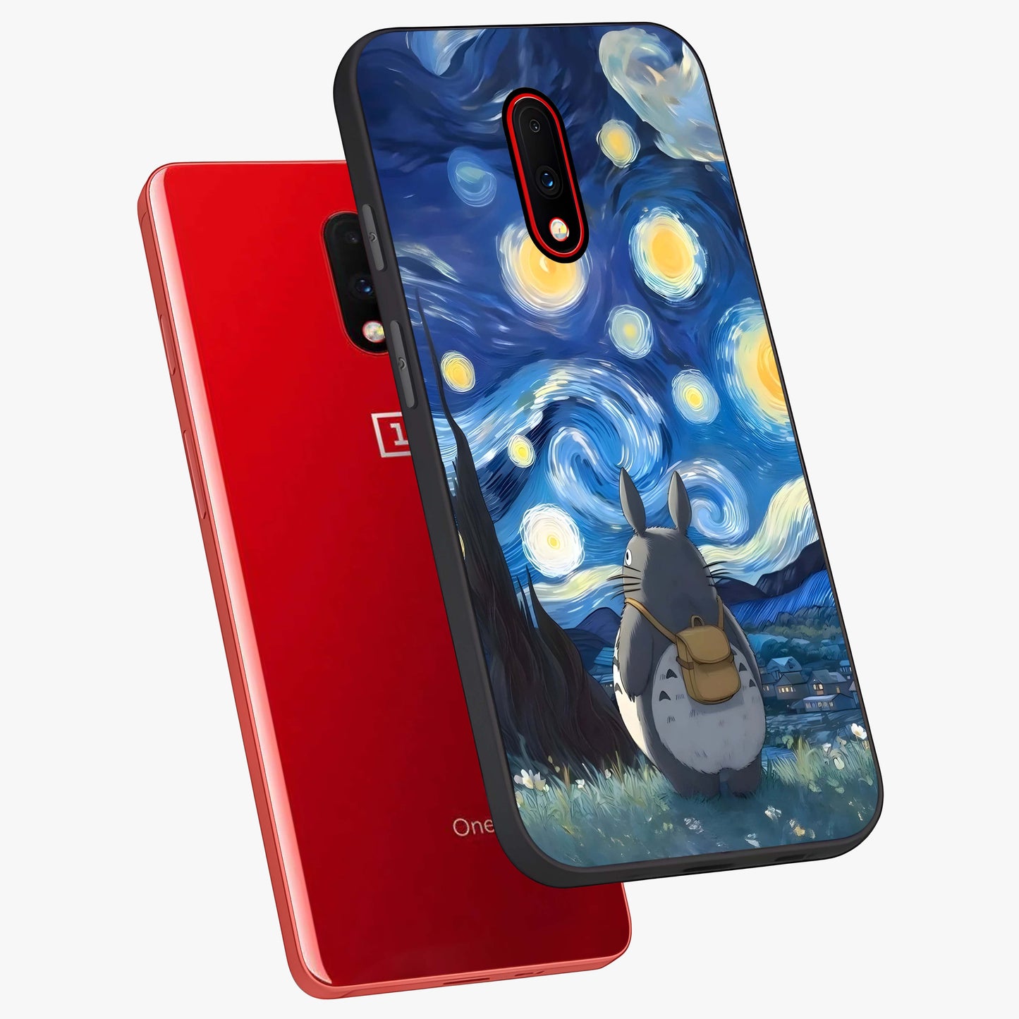 Totoro In Van Gogh Art Glass Case displayed in angled mockup highlighting artistic swirling sky design with playful animation aesthetic.