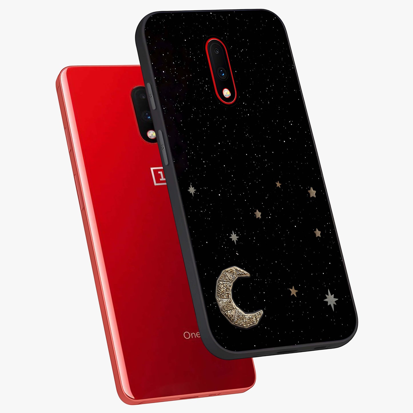 Twinkle Star With Half Moon Glass Case displayed in angled mockup highlighting celestial moon and star design with magical aesthetic.