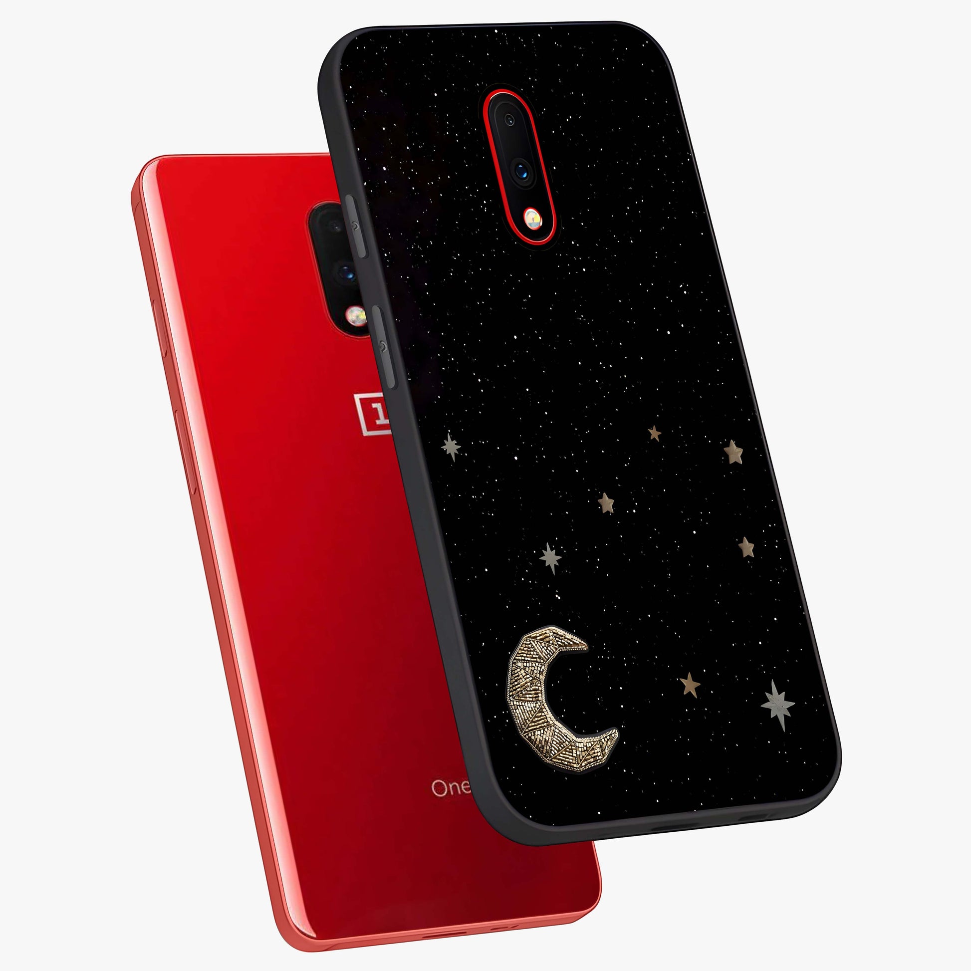 Twinkle Star With Half Moon Glass Case displayed in angled mockup highlighting celestial moon and star design with magical aesthetic.