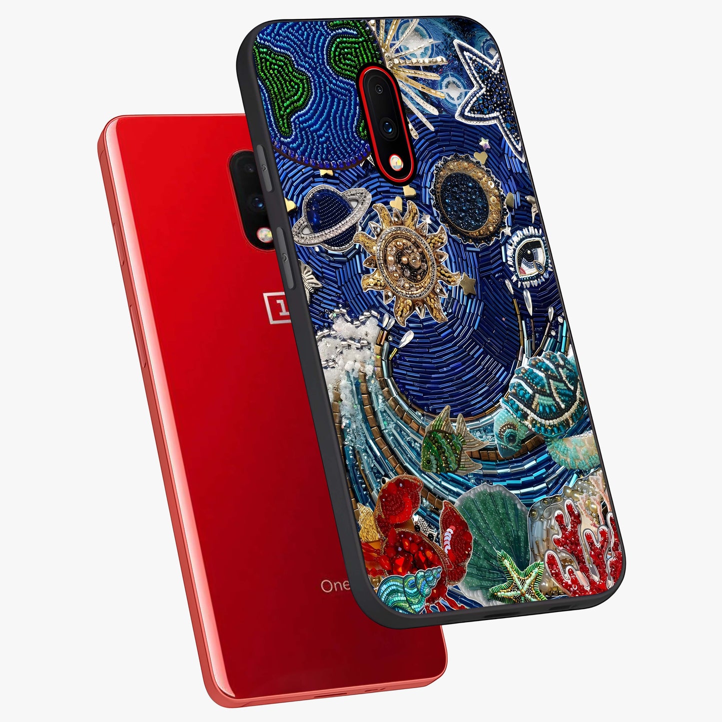 Universe Underwater Spark Glass Case displayed in angled mockup highlighting glowing aquatic design with celestial aesthetic.