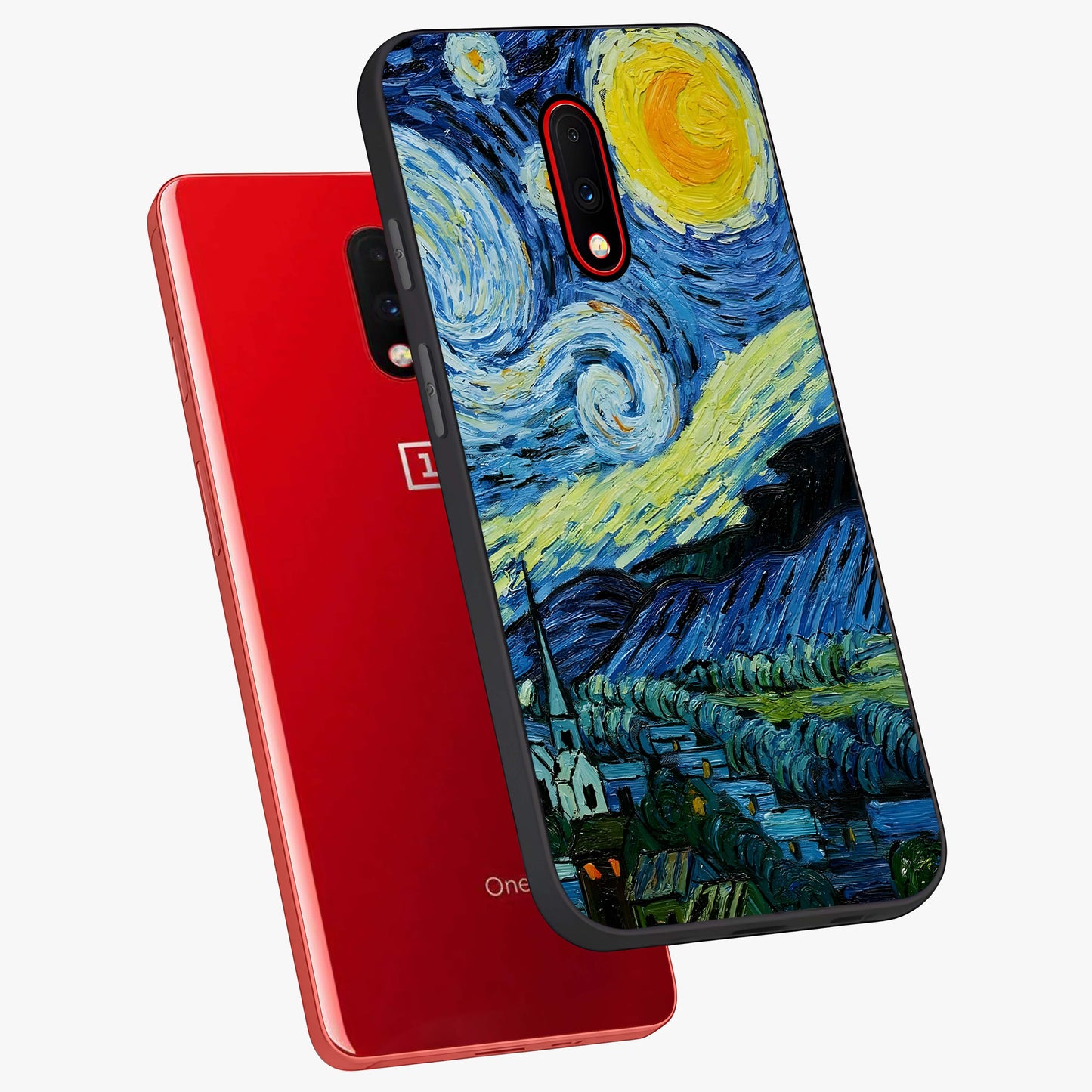 Van Gogh Art Glass Case displayed in angled mockup highlighting swirling brushstroke design with artistic aesthetic.