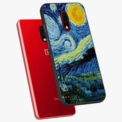 Van Gogh Art Glass Case displayed in angled mockup highlighting swirling brushstroke design with artistic aesthetic.