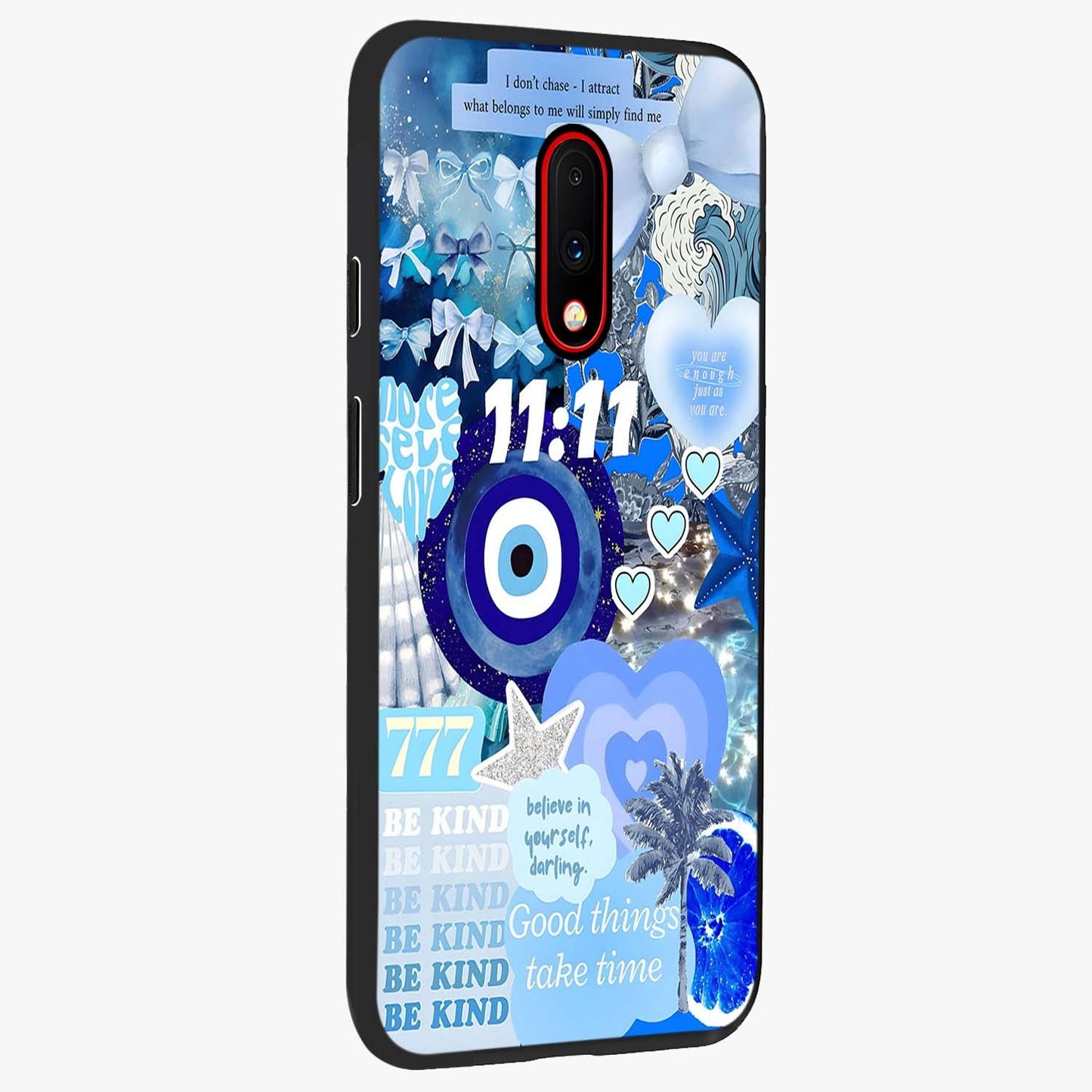 Aesthetic Be Kind Eye Glass Case upright view showcasing stylish eye illustration with positive message theme.