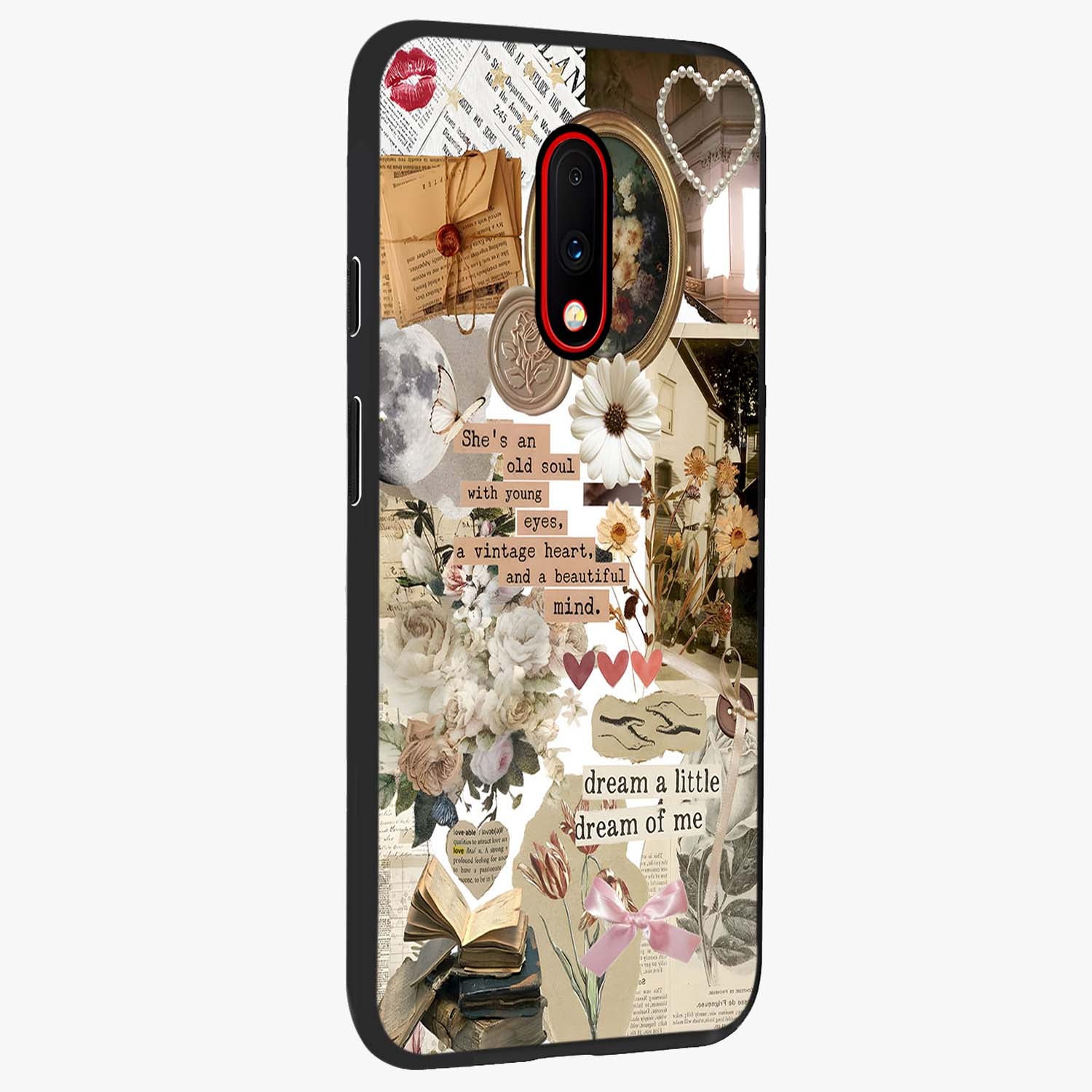 Aesthetic Brown Vintage Collage Glass Case upright view showcasing nostalgic retro artwork with stylish vintage theme.