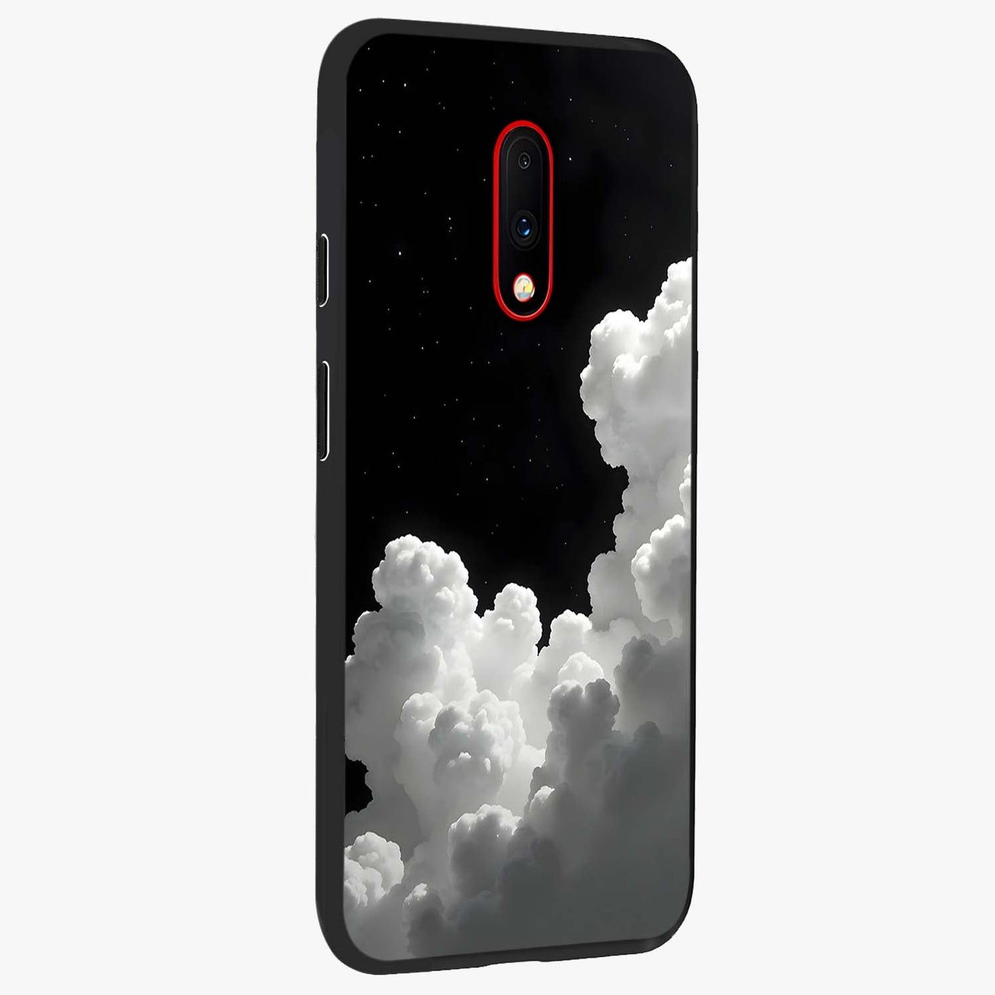 Black Background With White Cloud Glass Case upright view showcasing calm cloud aesthetic with modern minimal style.