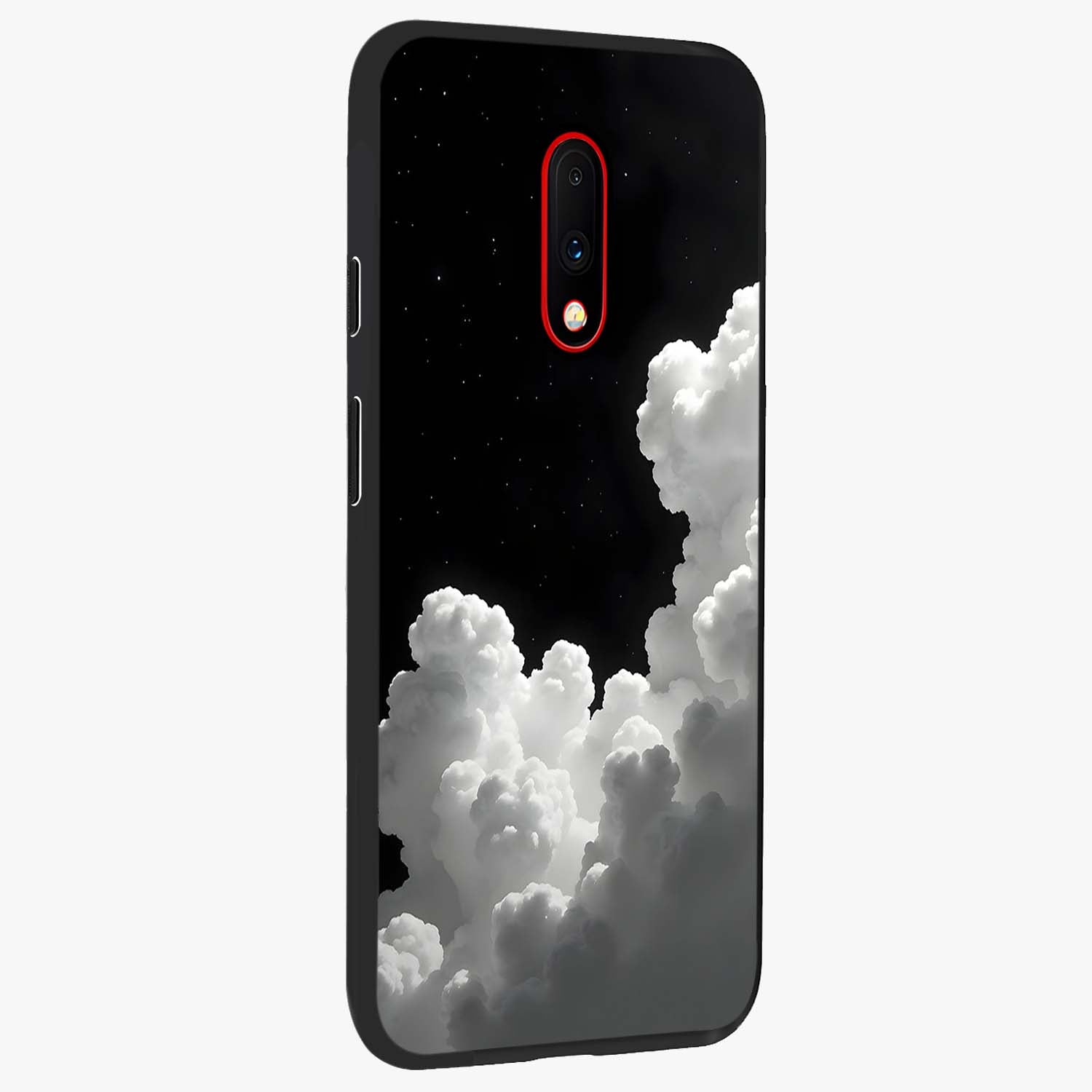 Black Background With White Cloud Glass Case upright view showcasing calm cloud aesthetic with modern minimal style.