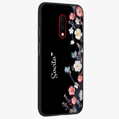Black Elegance Floral Custom Name Glass Case upright view showcasing luxurious black floral design with personalized name detail.