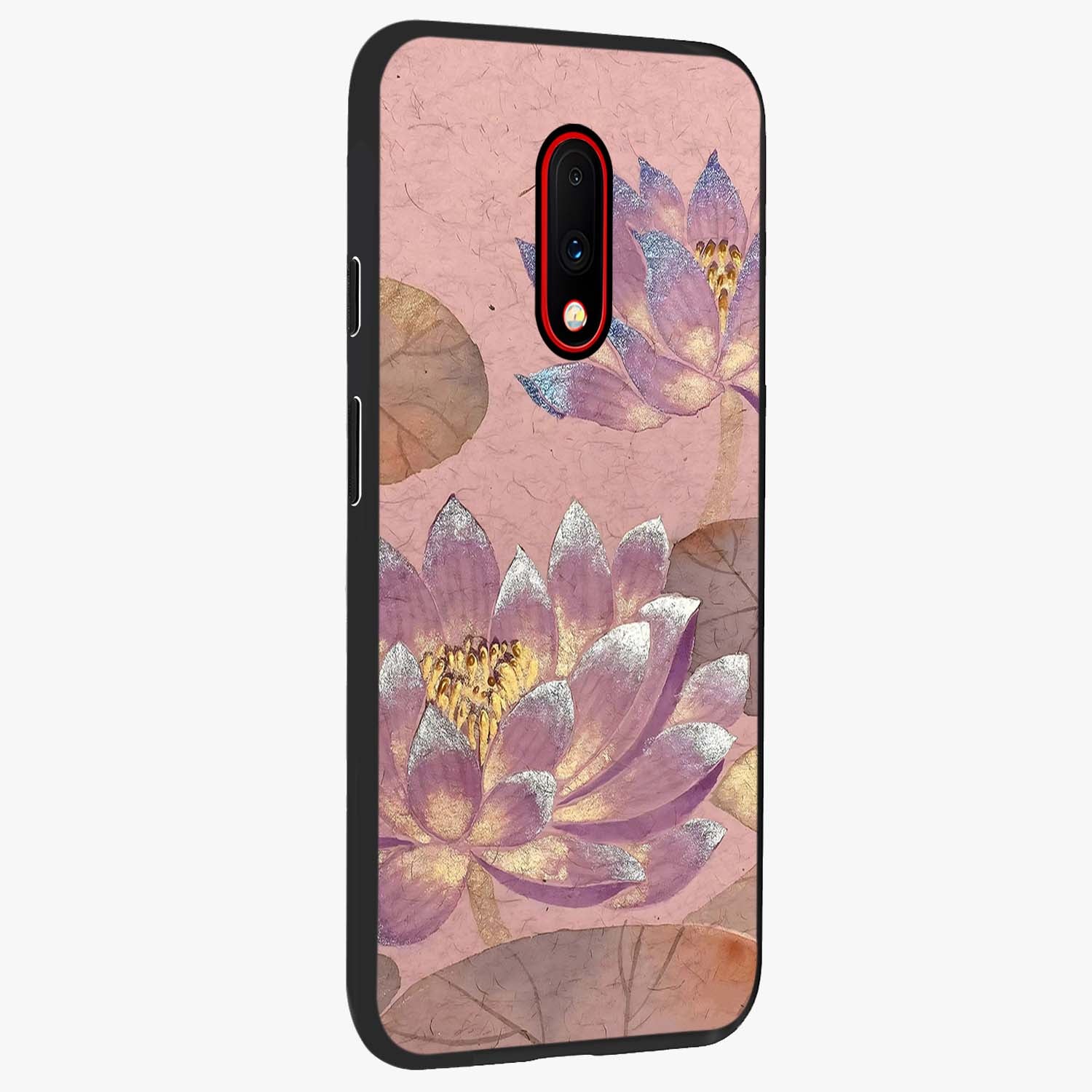 Blossom Mist Lotus Glass Case upright view showcasing graceful lotus flower design with peaceful botanical style.