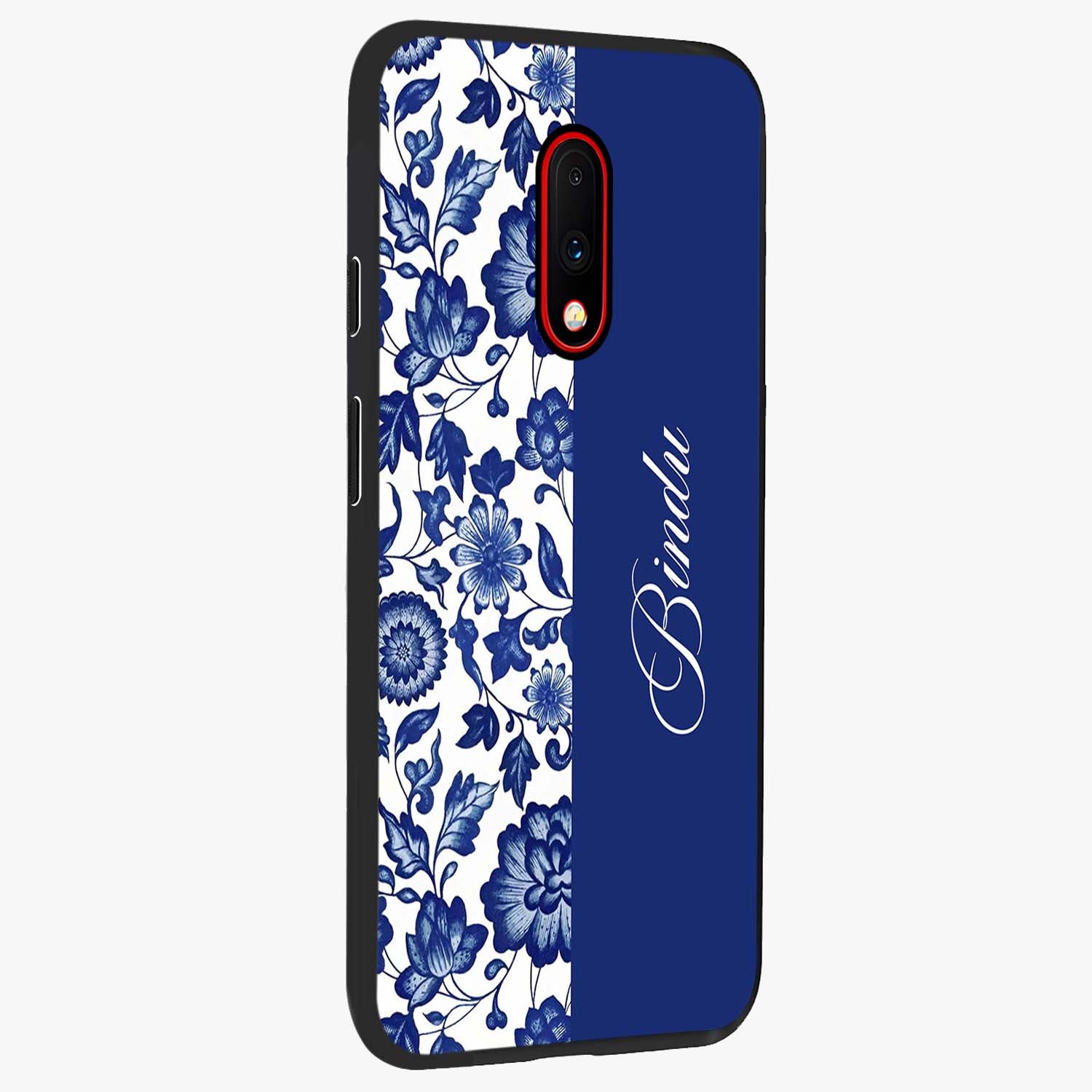 Blue Vintage Floral Pattern Glass Case upright view showcasing delicate blush floral texture with modern minimal style.
